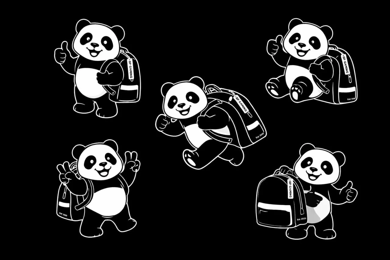 Five cartoon pandas holding backpacks, giving thumbs up or peace signs, on a black background.