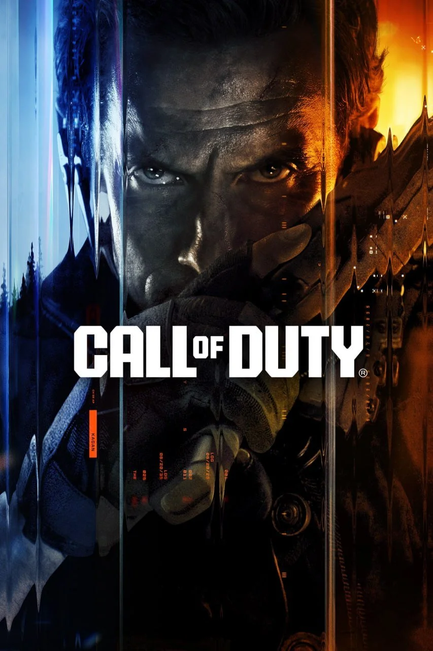 Close-up of a soldier's face peering through a breaking glass window, with the title 'Call of Duty' in white text. The background has blue and orange lighting, suggesting a military or war-themed scene.