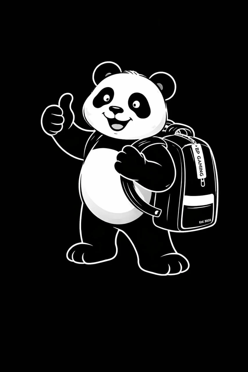 Cartoon panda bear holding a backpack and giving a thumbs-up, on a black background