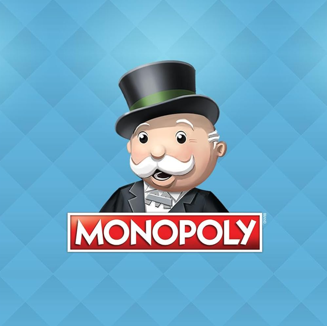 Animated Mr. Monopoly character with white mustache and hair, wearing a black top hat with green band, black tuxedo, and white shirt, smiling behind a red Monopoly logo.