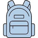 Light blue backpack with multiple compartments and zippers.