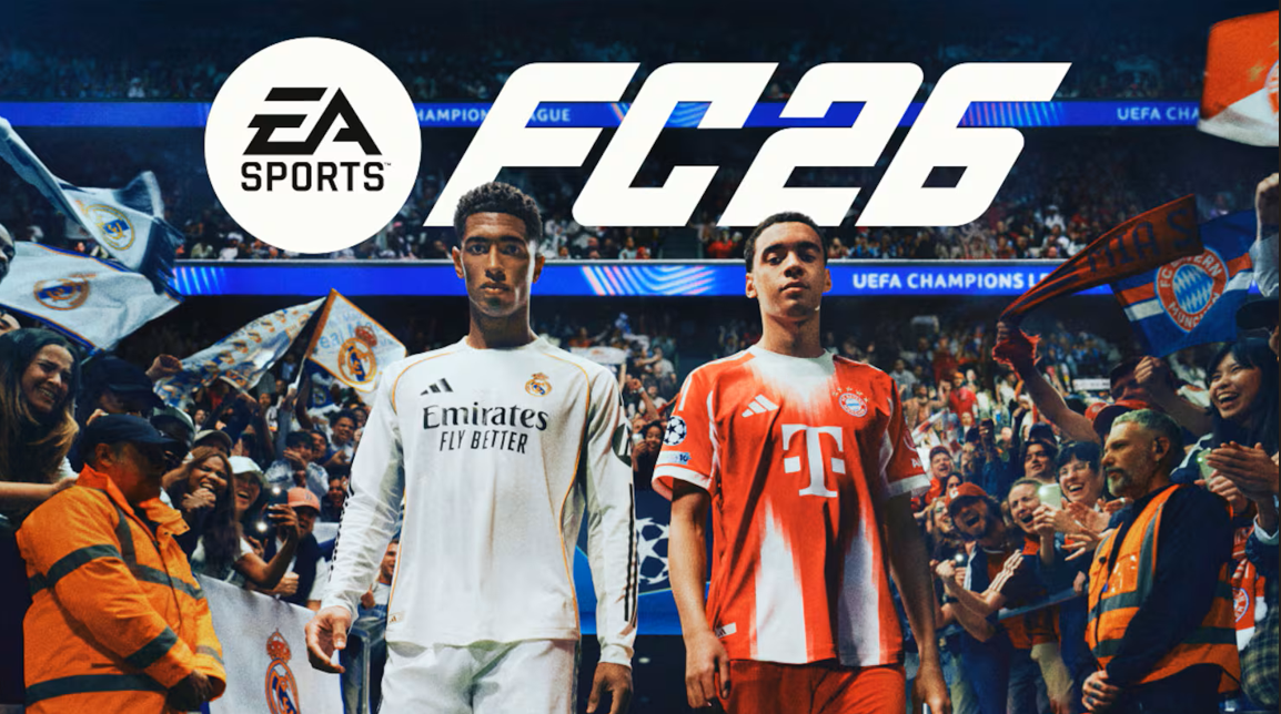 Two soccer players standing in front of a crowd at a UEFA Champions League match, one in a white Real Madrid jersey and the other in a red Bayern Munich jersey, with EA Sports FIFA 23 logo above them.