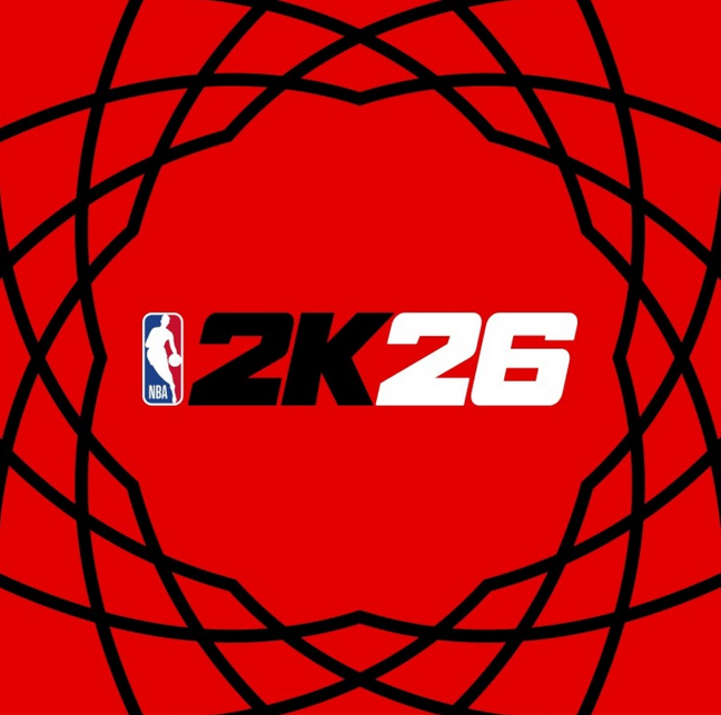 Red background with black lines forming a web pattern, NBA logo, and text "2K26" in bold black and white letters.