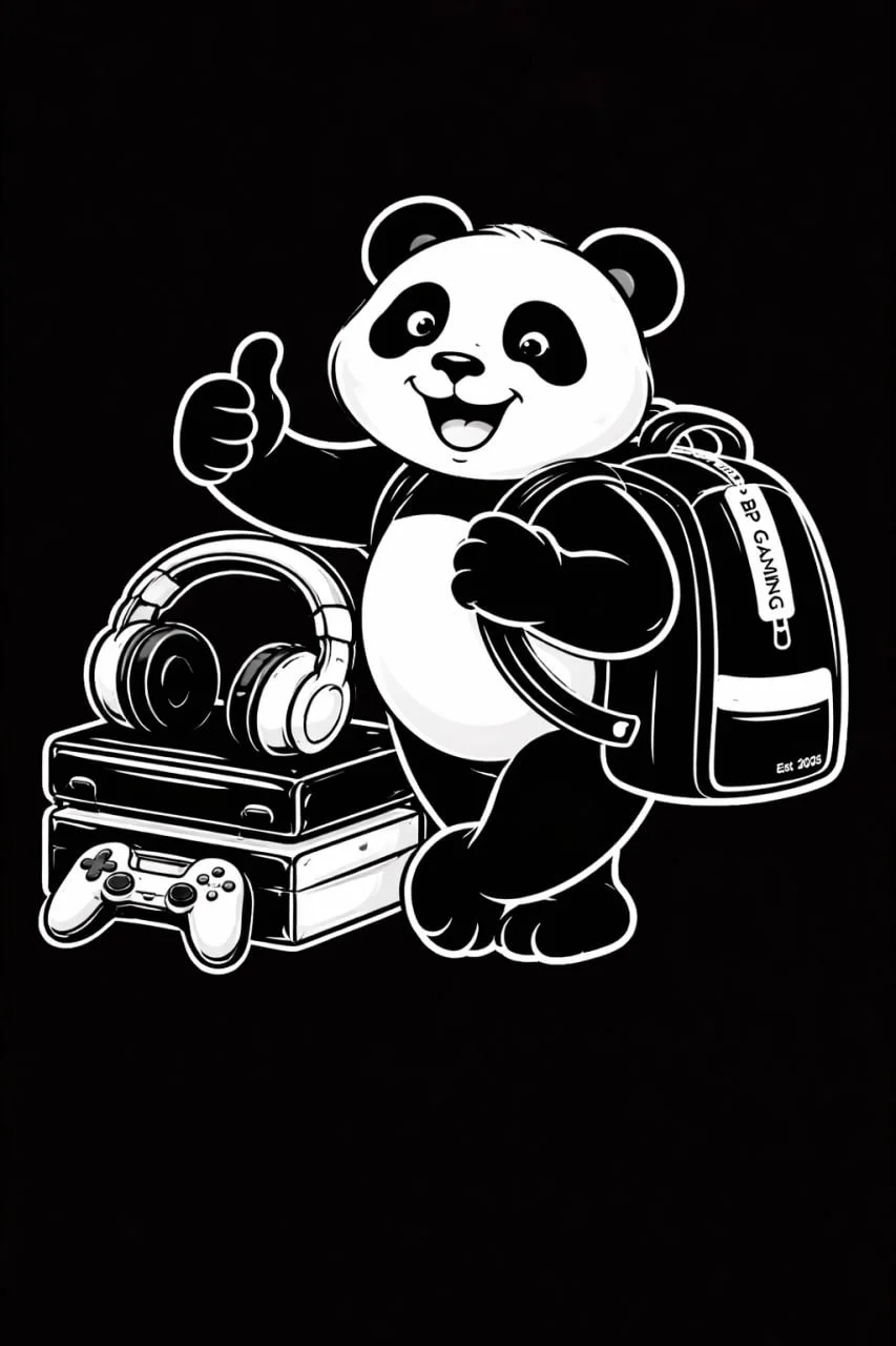 Black and white cartoon panda bear wearing a backpack, giving a thumbs up, with gaming equipment including a headphones, gaming console, controller, and backpack.