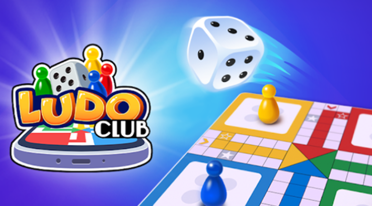 Image showing a colorful Ludo board game with game pieces, a die in mid-air, and the Ludo Club logo.