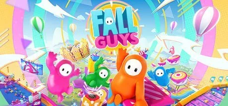 Colorful cartoon scene featuring characters from 'Fall Guys' with balloons, gifts, and vibrant background elements.