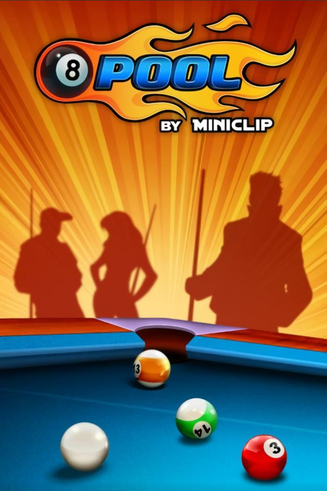Illustration of a pool table with four balls, including an orange and white striped ball numbered 13, a white ball, a green and white striped ball numbered 14, and a solid red ball numbered 3. The background features silhouettes of three people with pool cues and dynamic orange and yellow rays, with the text "8 Pool by Miniclip" at the top.