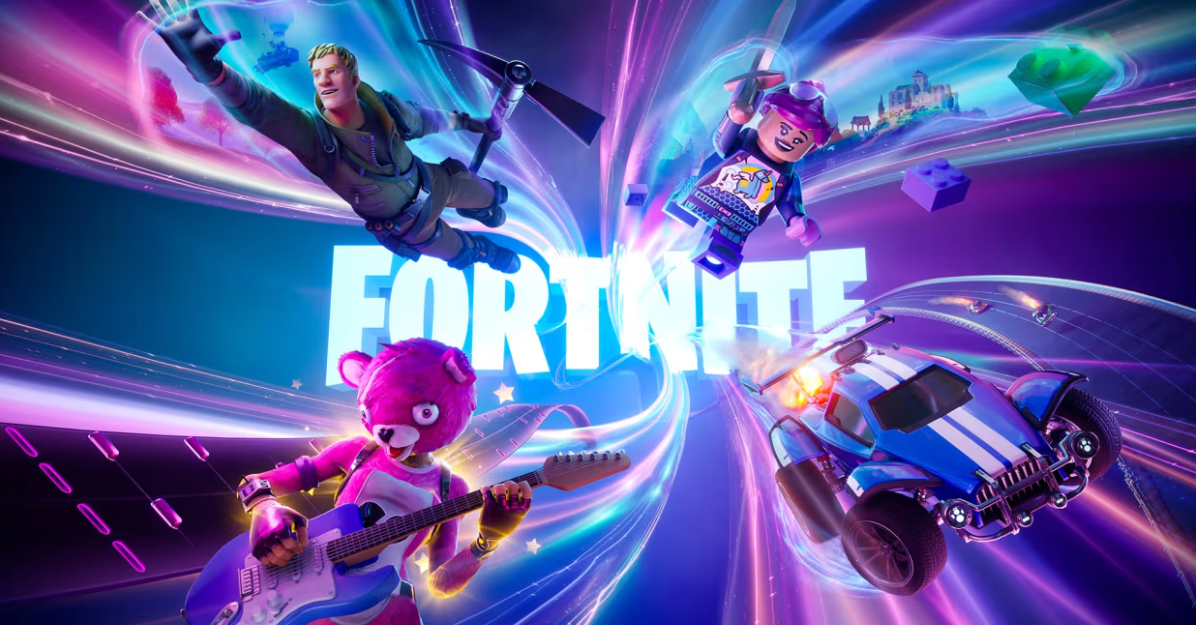 Various characters from Fortnite flying through colorful, cosmic background, with a vehicle on the right side.