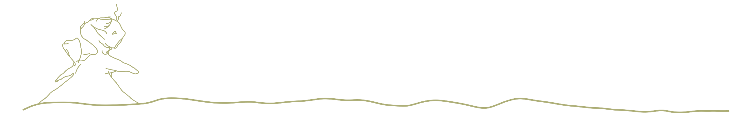 Line drawing of a girl sitting at the end of a table with a cup of tea or coffee.