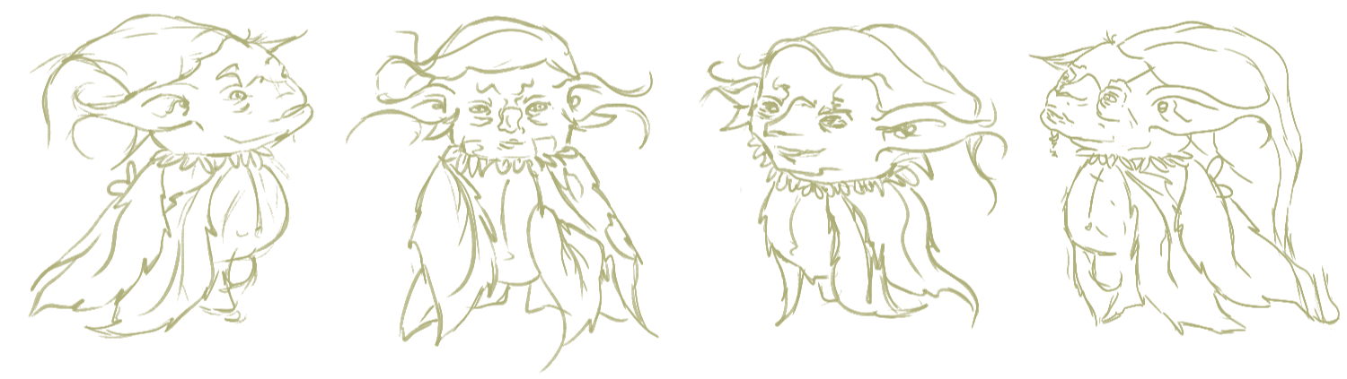 Four cartoonish leaf characters with faces, eyes, and mouths on black background.