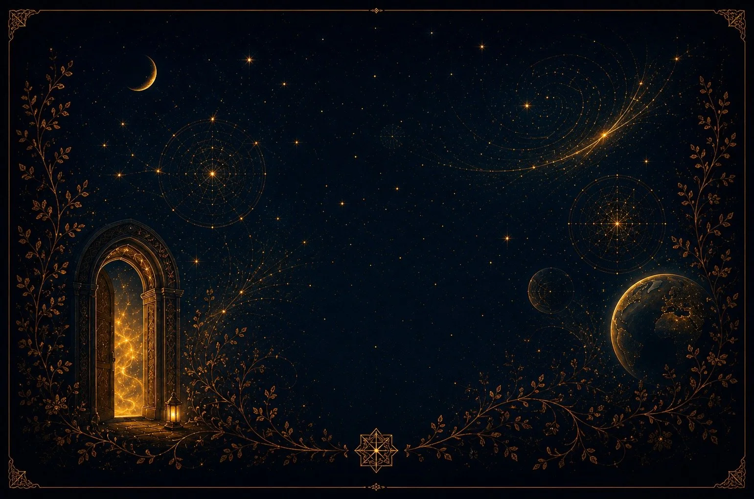 A cosmic fantasy scene with stars, planets, and a crescent moon in a dark sky. Includes an ornate, glowing door at the bottom left, surrounded by decorative floral patterns, with celestial constellations and geometric designs.