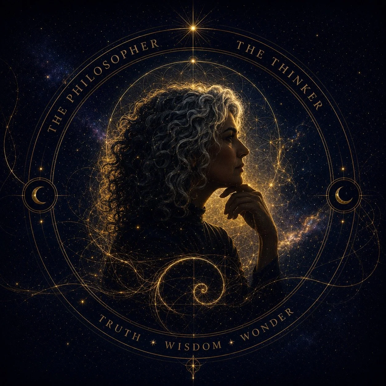 A silhouette of a woman with curly hair, surrounded by a celestial background of stars and galaxy patterns. Golden geometric lines and symbols, including crescent moons, circle motifs, and interconnected patterns, form a circular design around her. The words 'The Philosopher' and 'The Thinker' are written along the top, and 'Truth', 'Wisdom', and 'Wonder' are along the bottom.