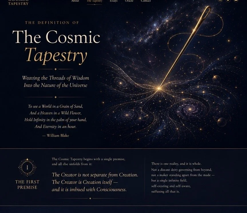An infographic titled 'The Cosmic Tapestry' with a cosmic background featuring galaxies, stars, and a golden needle weaving through space. Contains poetic text about the universe and creation.