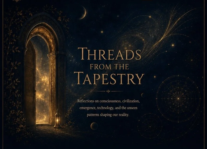 A dark starry sky with a glowing open door leading into a bright, cosmic space, surrounded by celestial patterns and small planets, with the title 'Threads from the Tapestry' and a subtitle about consciousness, civilization, and patterns shaping reality.