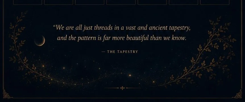 A dark background with a quote about the universe and pattern, including a crescent moon, stars, and decorative leafy branches.