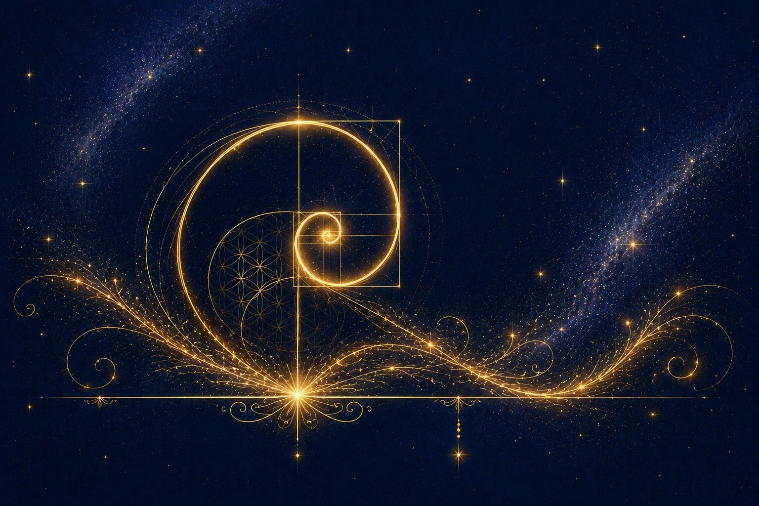 Golden spiral and geometric shapes over a starry night sky, representing the Fibonacci sequence and the golden ratio.
