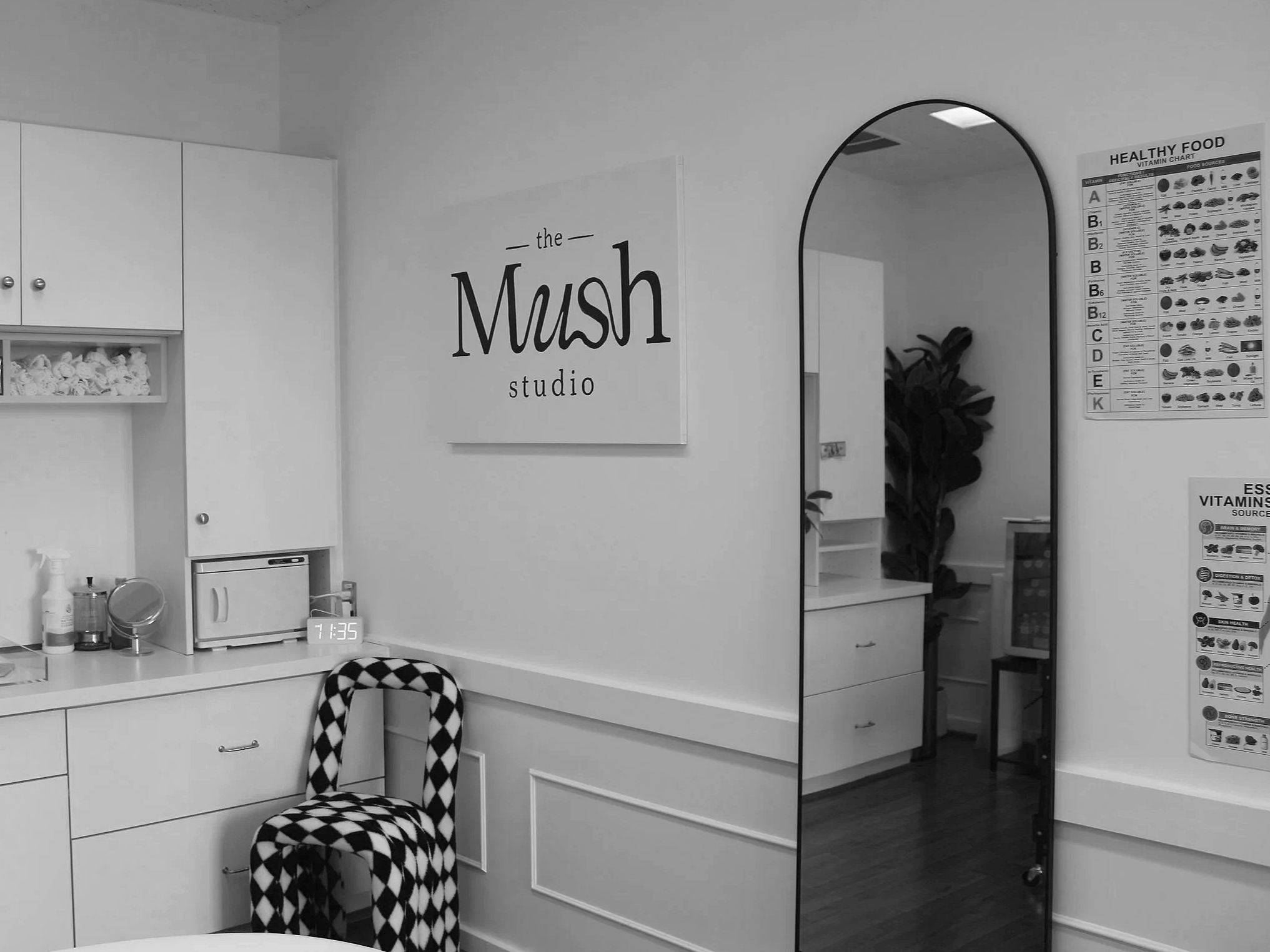 A cozy interior of a studio with a wall sign reading 'the Mush studio', a checkered chair, a mirror, and a cabinet. Flowering plant and nutritional charts are visible.