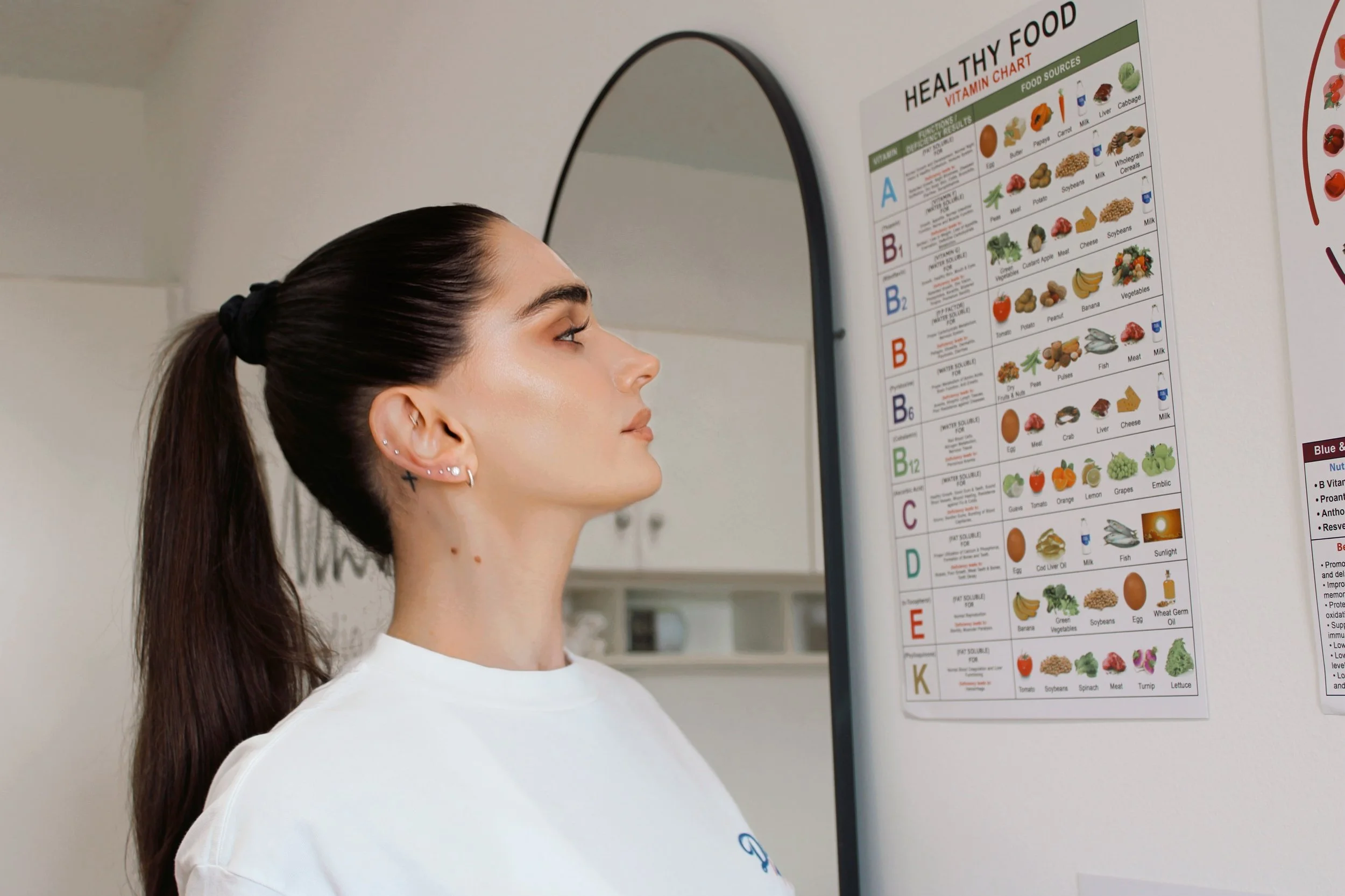 Young woman with dark brown hair tied in a ponytail looking at a health and nutrition chart on a white wall.