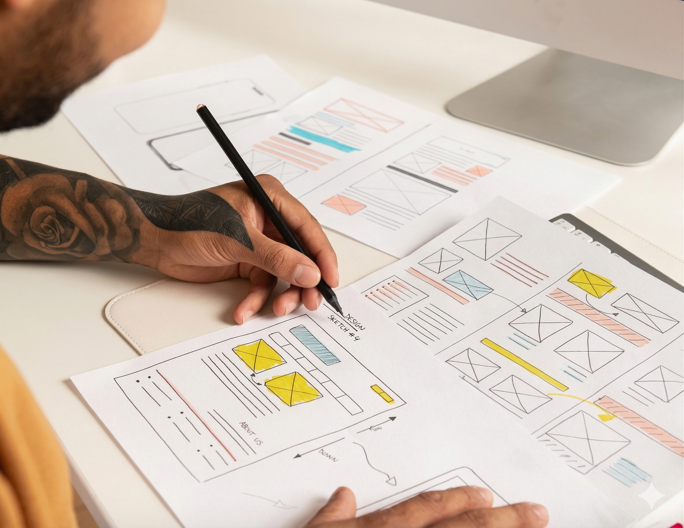 Person with tattooed arm sketching website wireframes and wireframe designs on papers with colored highlights, at a white desk.