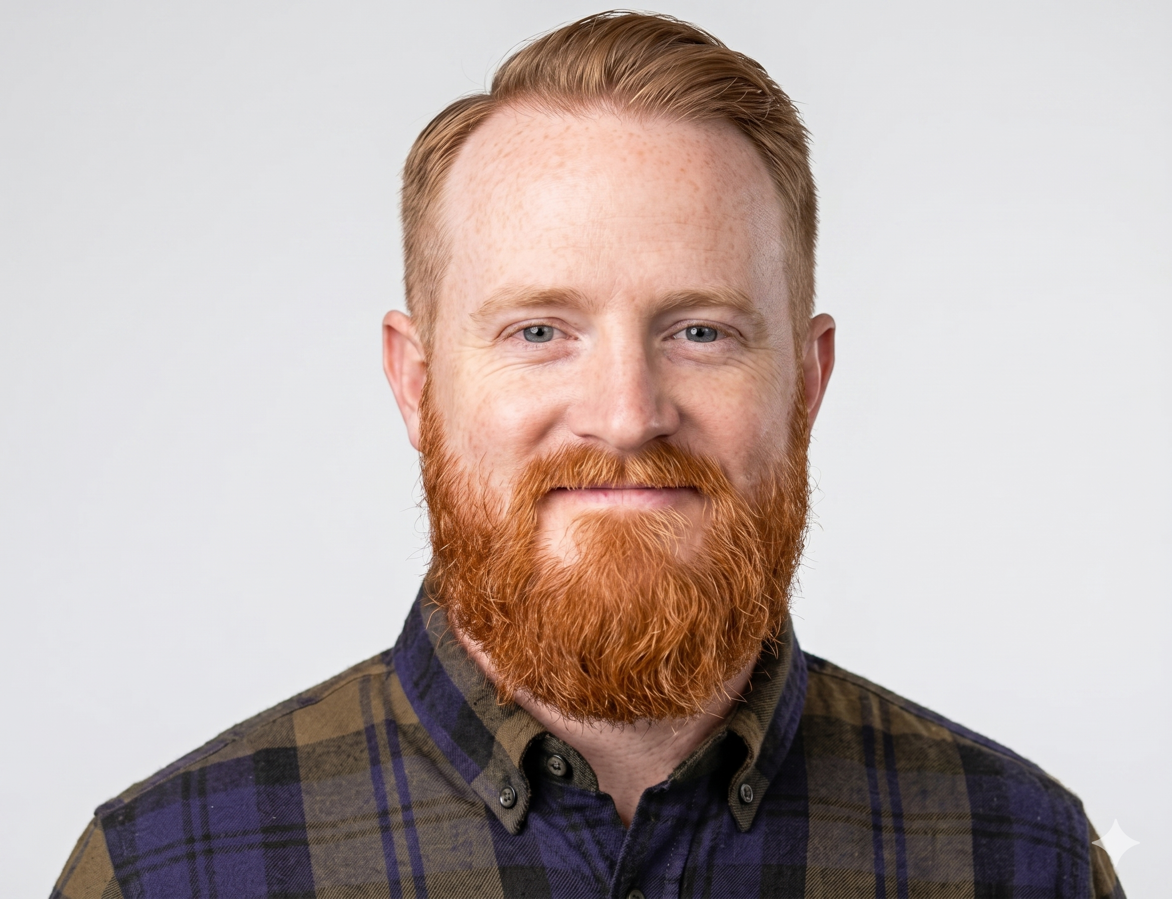 Headshot of a man with red hair and beard wearing a plaid shirt.