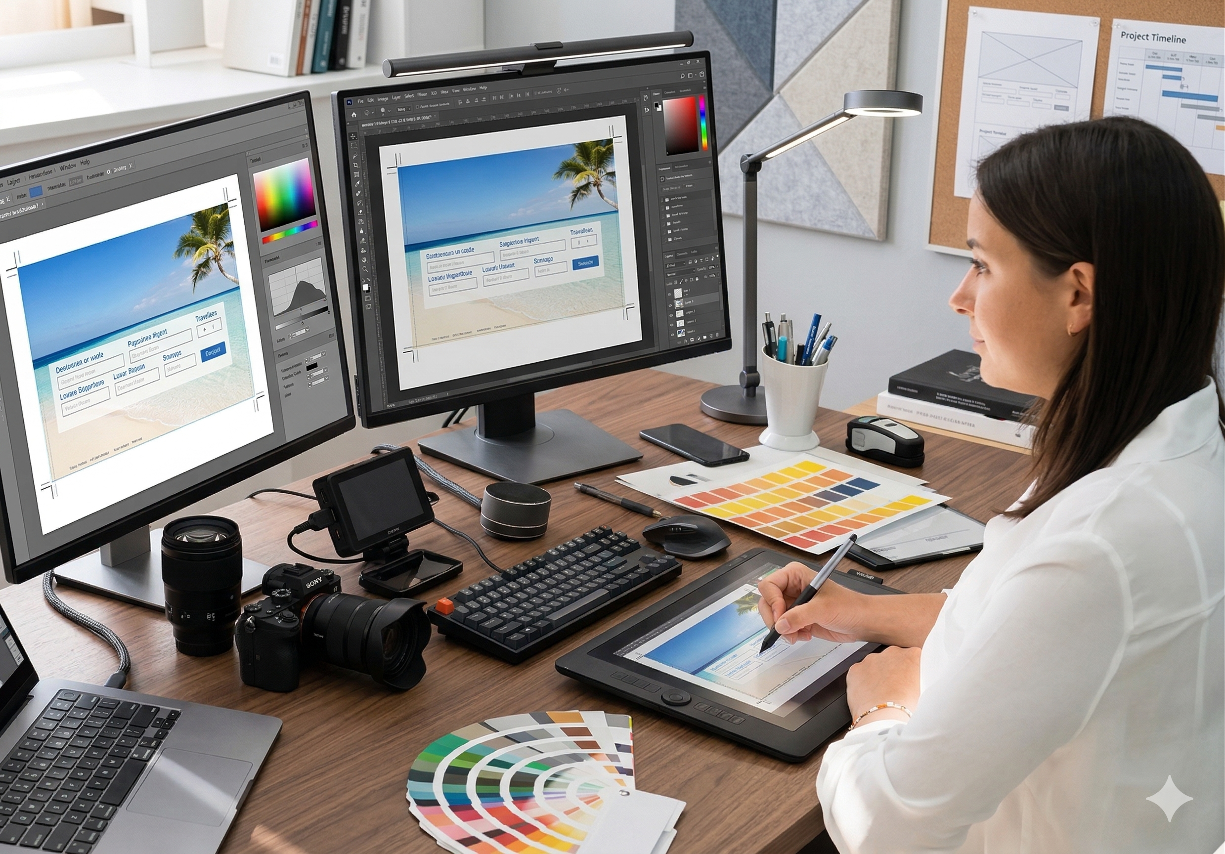 A woman working at a desk with dual monitors displaying beach-themed website designs. The desk has a color palette, digital drawing tablet, camera, lenses, a keyboard, mouse, smartphone, and various office supplies.