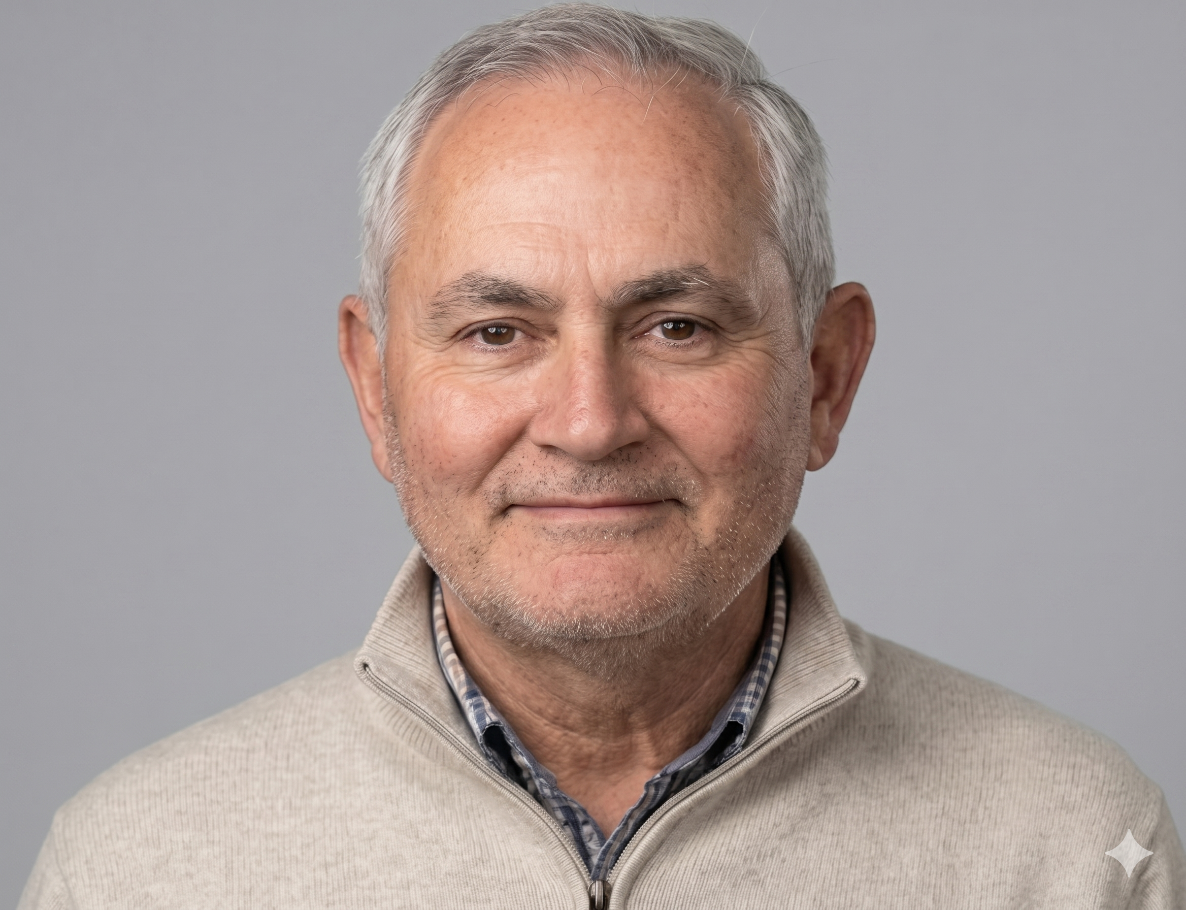 Close-up portrait of an elderly man with gray hair, light beard, smiling, wearing a beige zip-up sweater over a plaid shirt, against a plain gray background.
