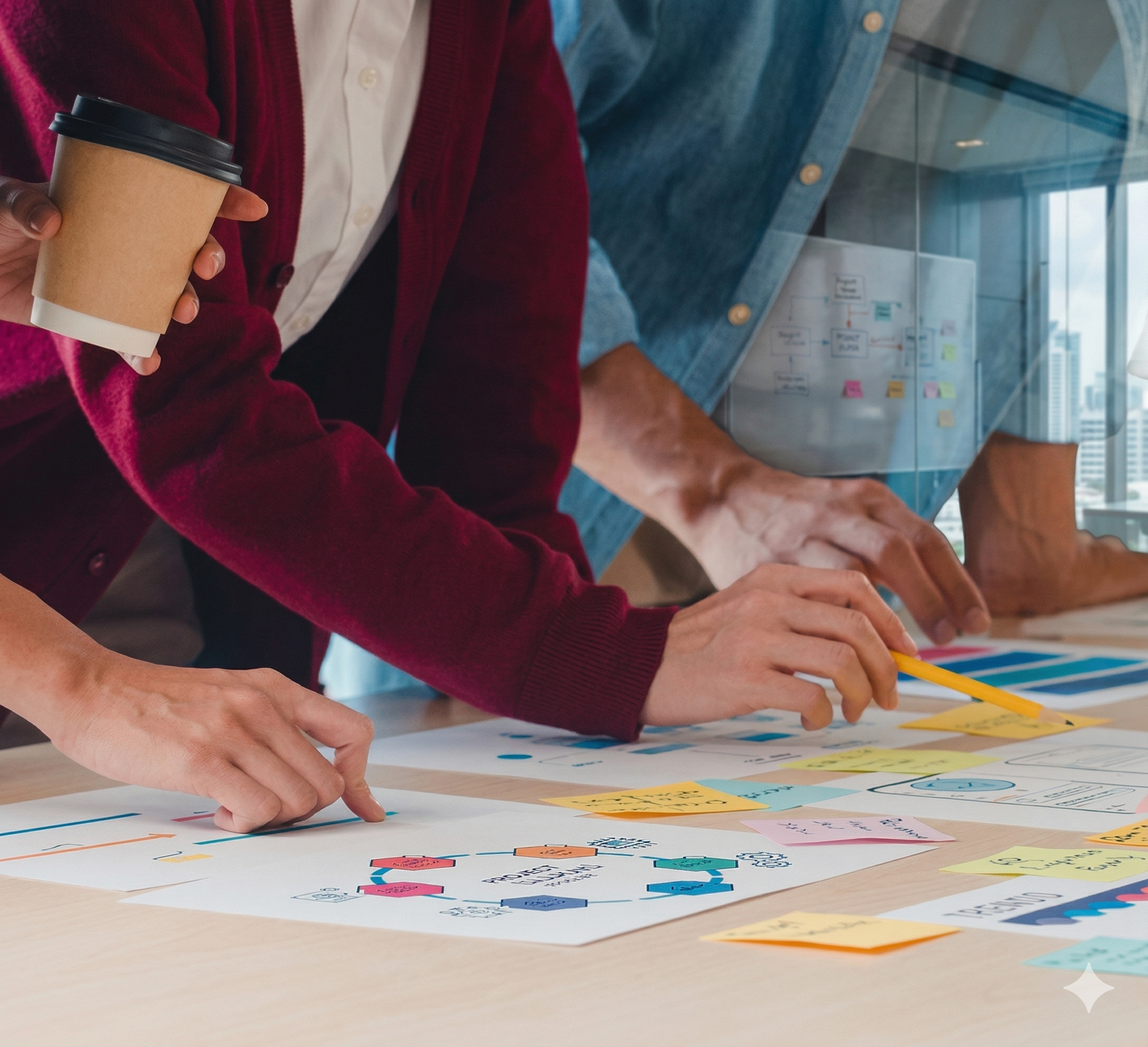 People working together on a project with papers, sticky notes, and drawings on a table, in a modern office.