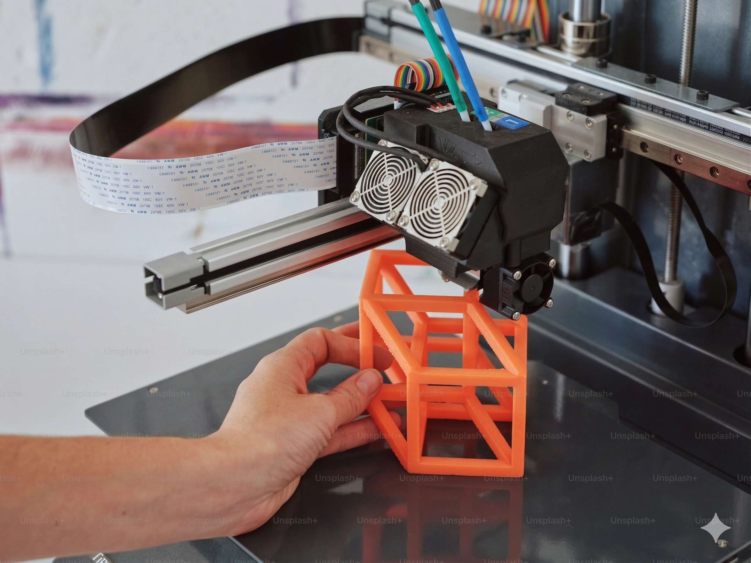 A 3D printer assembling an orange plastic model of a rectangular structure with diagonal supports, with a hand guiding it from underneath.