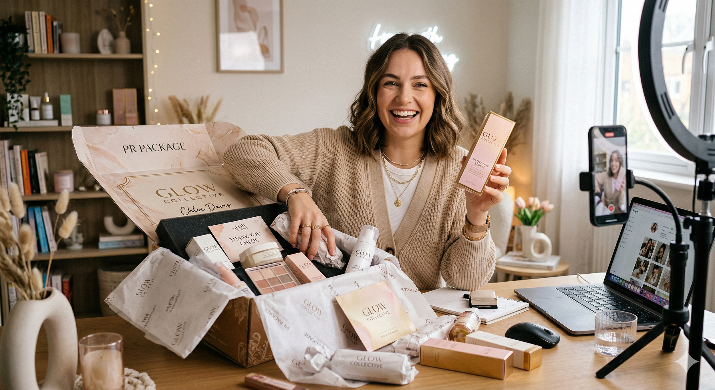 A woman sits at a desk surrounded by skincare products and unboxing a Glow Collective package, smiling at a camera for a video recording.