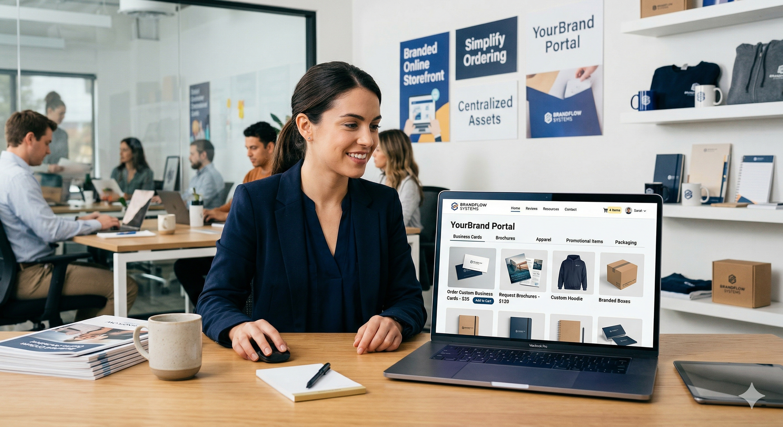 A woman in a business suit using a laptop in an office, browsing an online branding portal featuring business cards, brochures, apparel, promotional items, and packaging options.