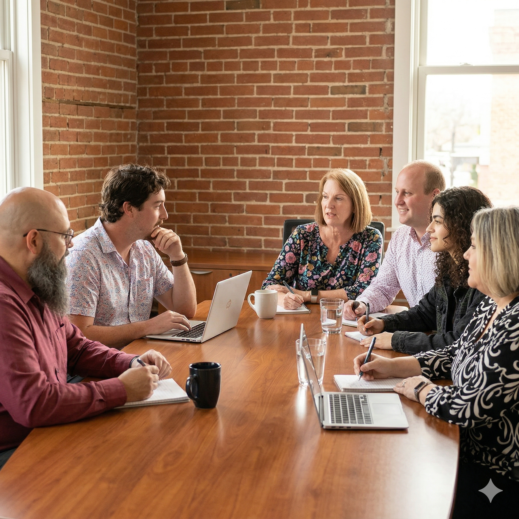 A group of seven diverse people having a meeting in a modern office with a brick wall and large windows, sitting around a wooden table with laptops, notebooks, and coffee mugs.