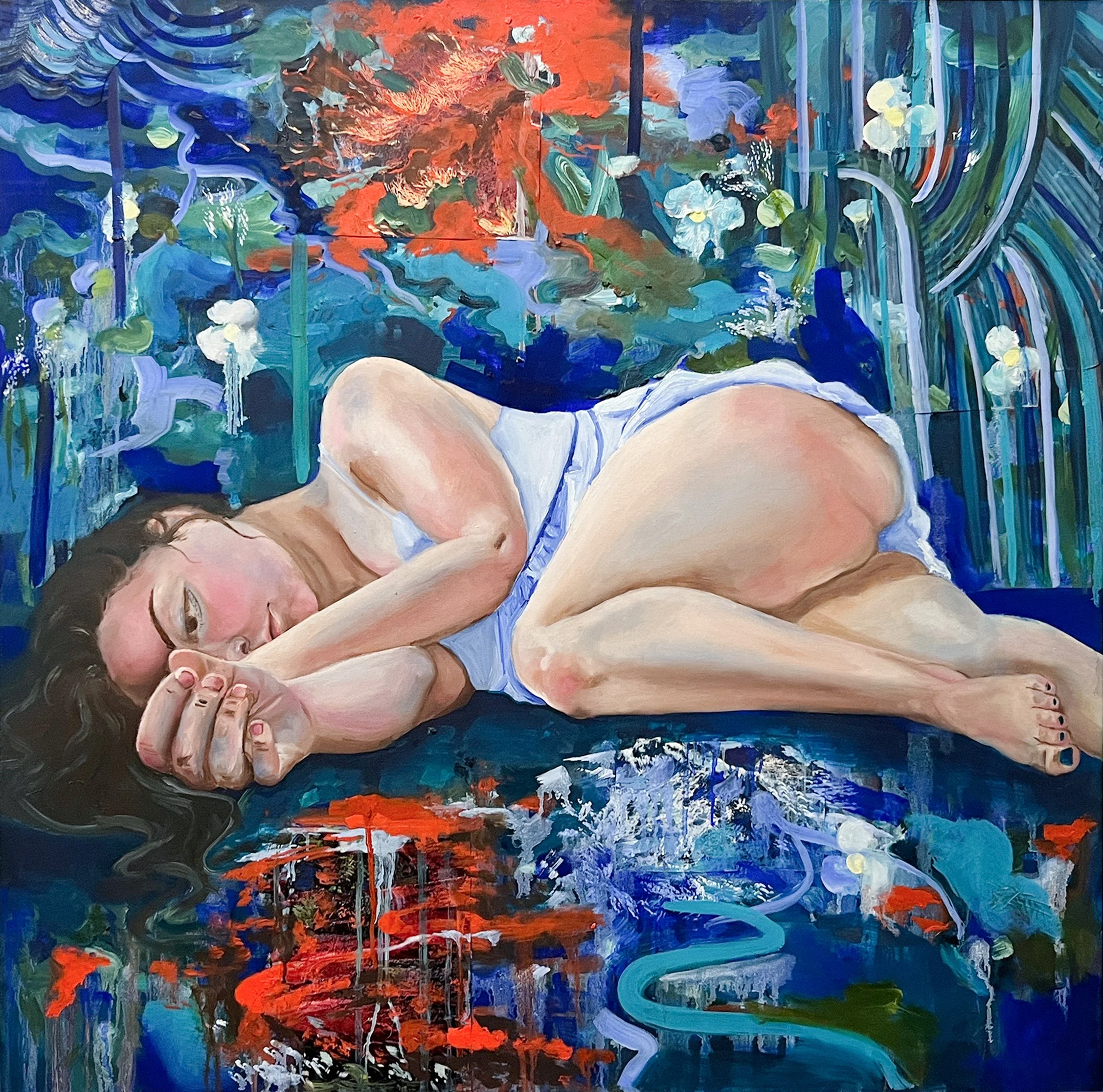 Painting of a woman with dark hair and light skin lying on her side with a colorful abstract background featuring flowers, water, and fiery orange and red elements.