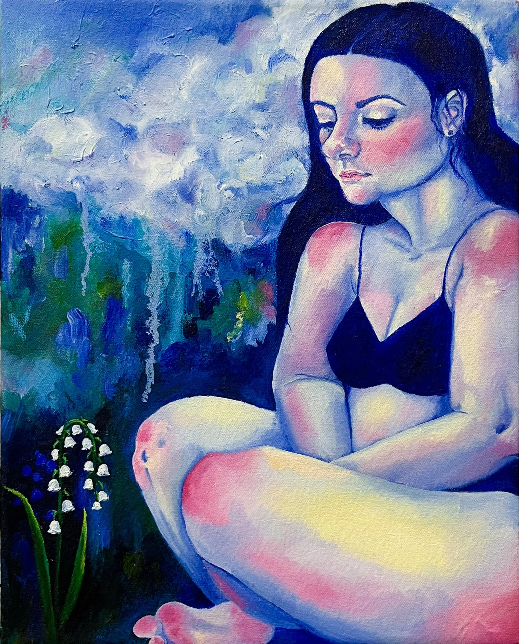 A painting of a  woman with long hair, sitting and looking down thoughtfully. She is set against a vibrant blue and purple abstract background with a small cluster of lily of the valley flowers.