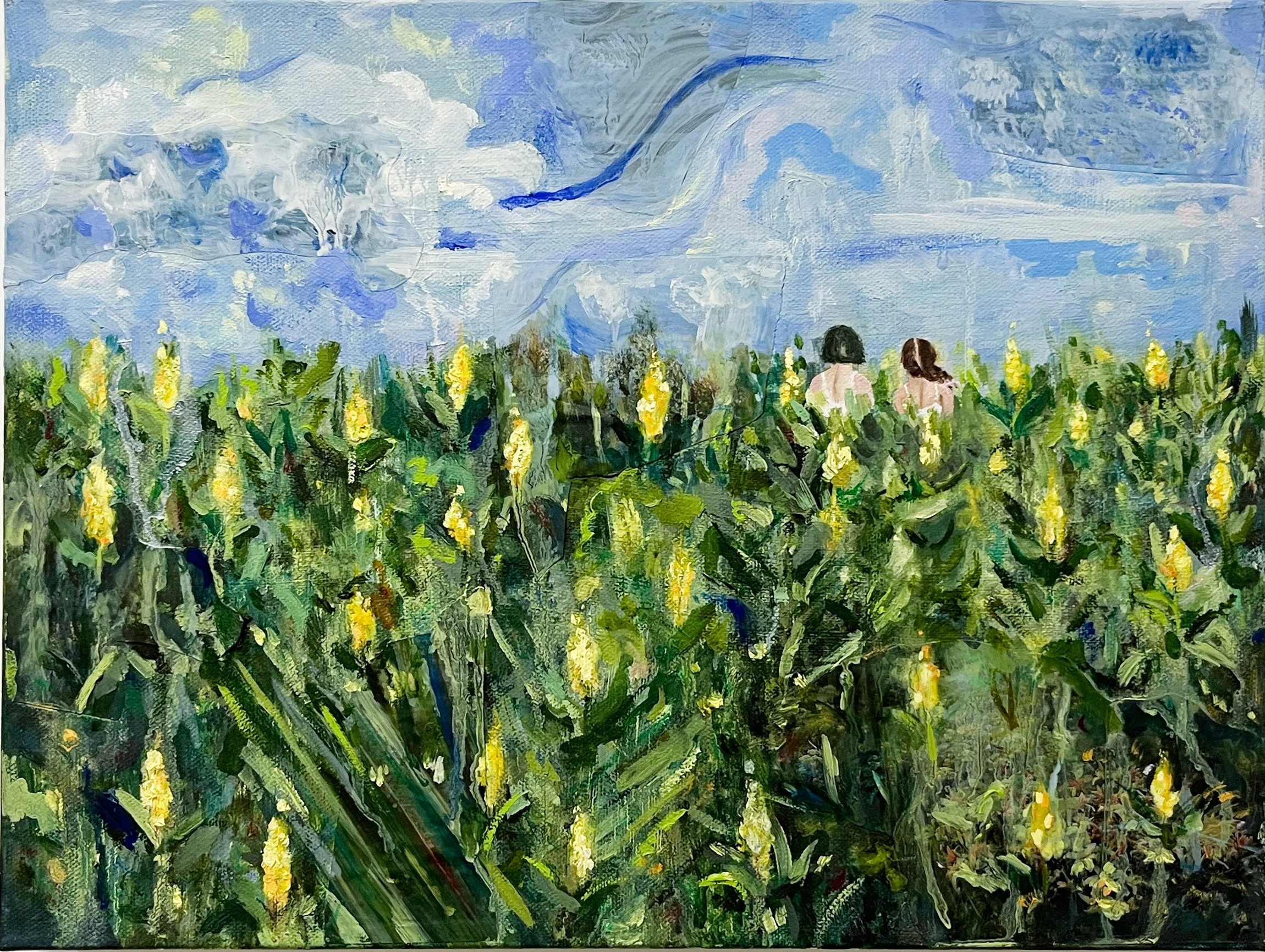 "Yellow Hyacinth," 2022, oil, collage, and pastel on canvas, 12 x 16 in.