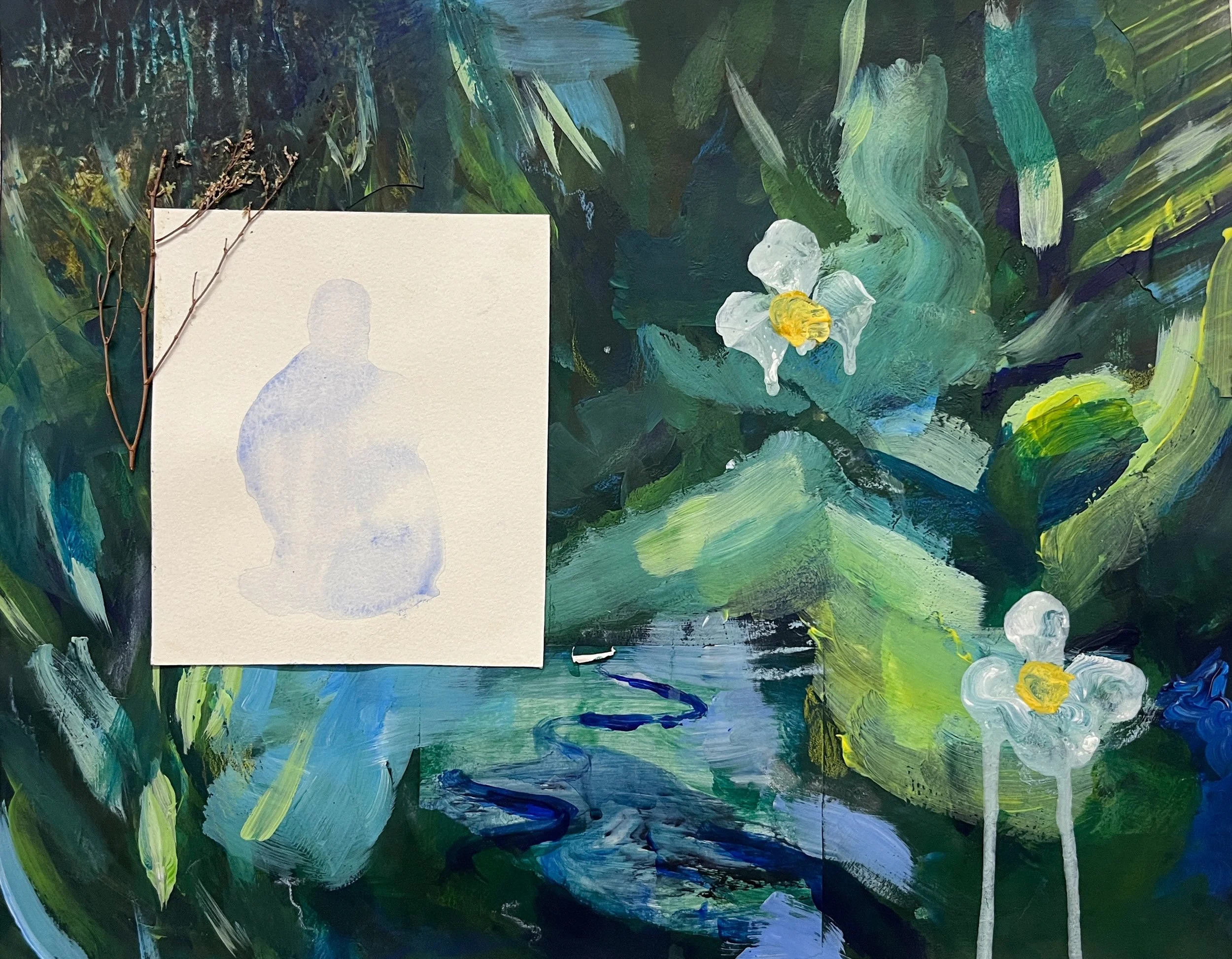 "Grief I," 2022, acrylic, watercolor, and collage on paper, 11 x 14 in.