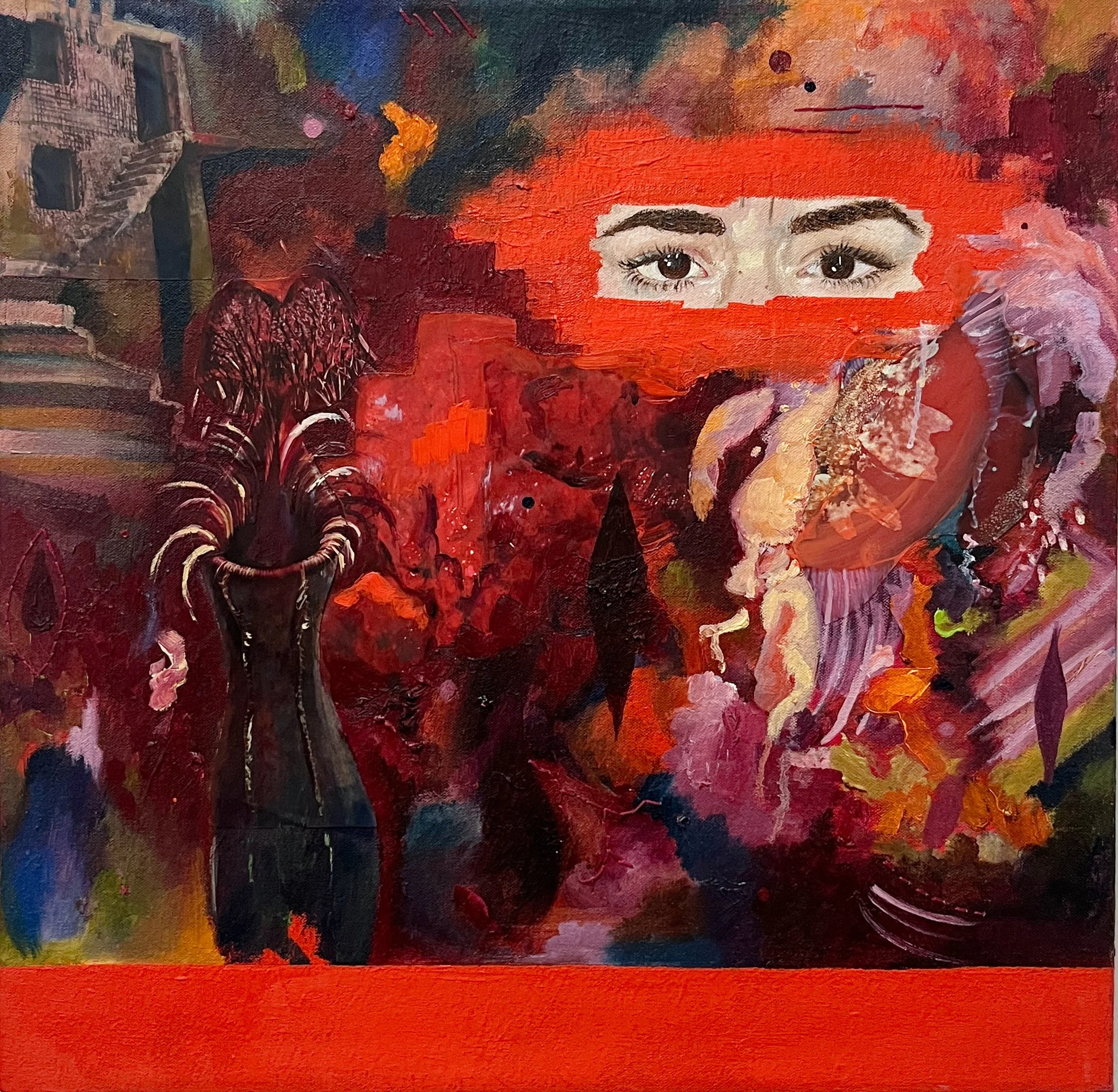 "Finding a way to be tender (It seems you don’t grow out of rage)," 2024, oil, collage, and embroidery on canvas, 18 x 18 in.