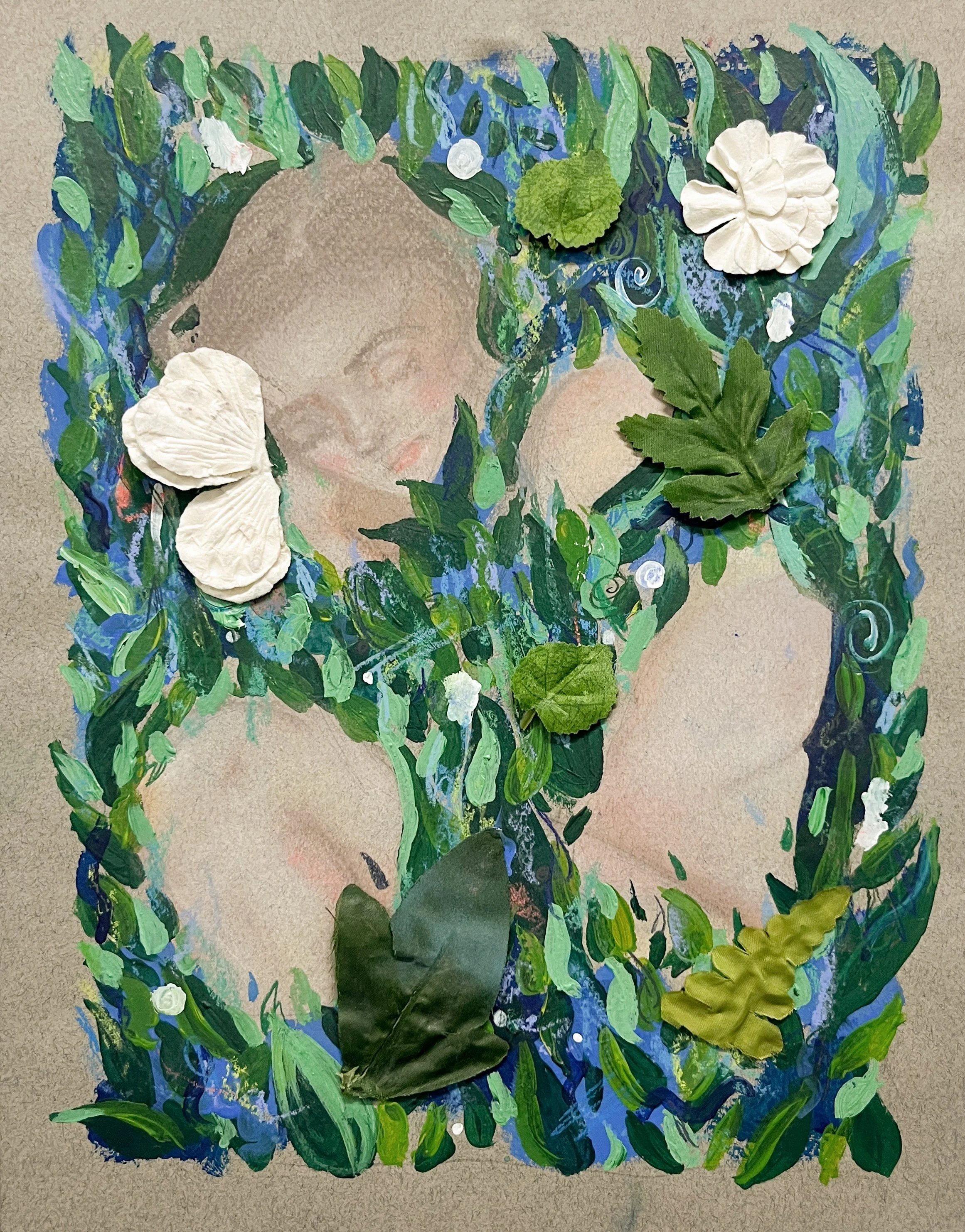 "Swaddled," 2020, acrylic, pastel, and collage on paper, 12 x 9 in.