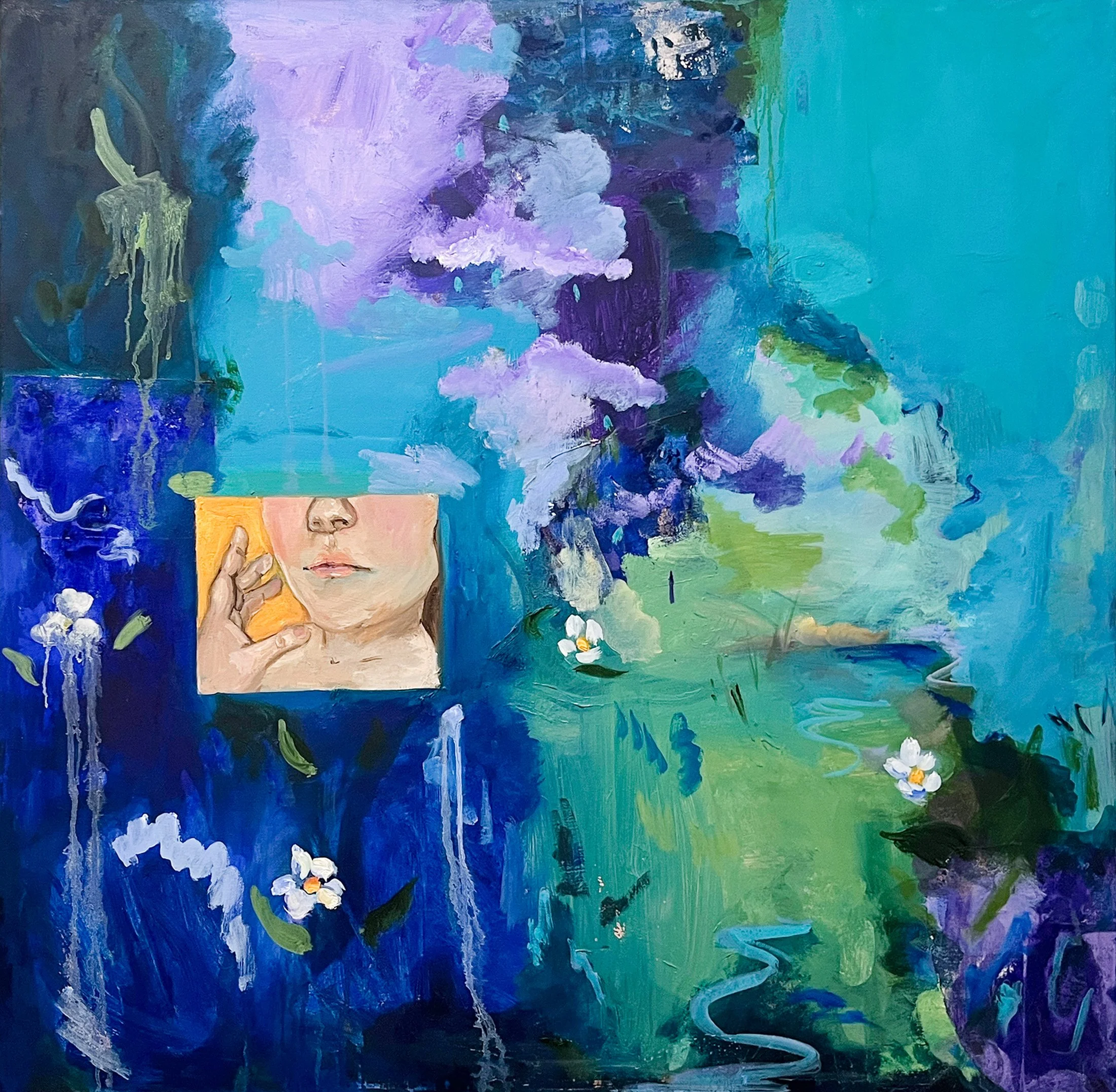 Abstract painting with blue, purple, and green hues, featuring a small, partial portrait of a woman with a peach background.