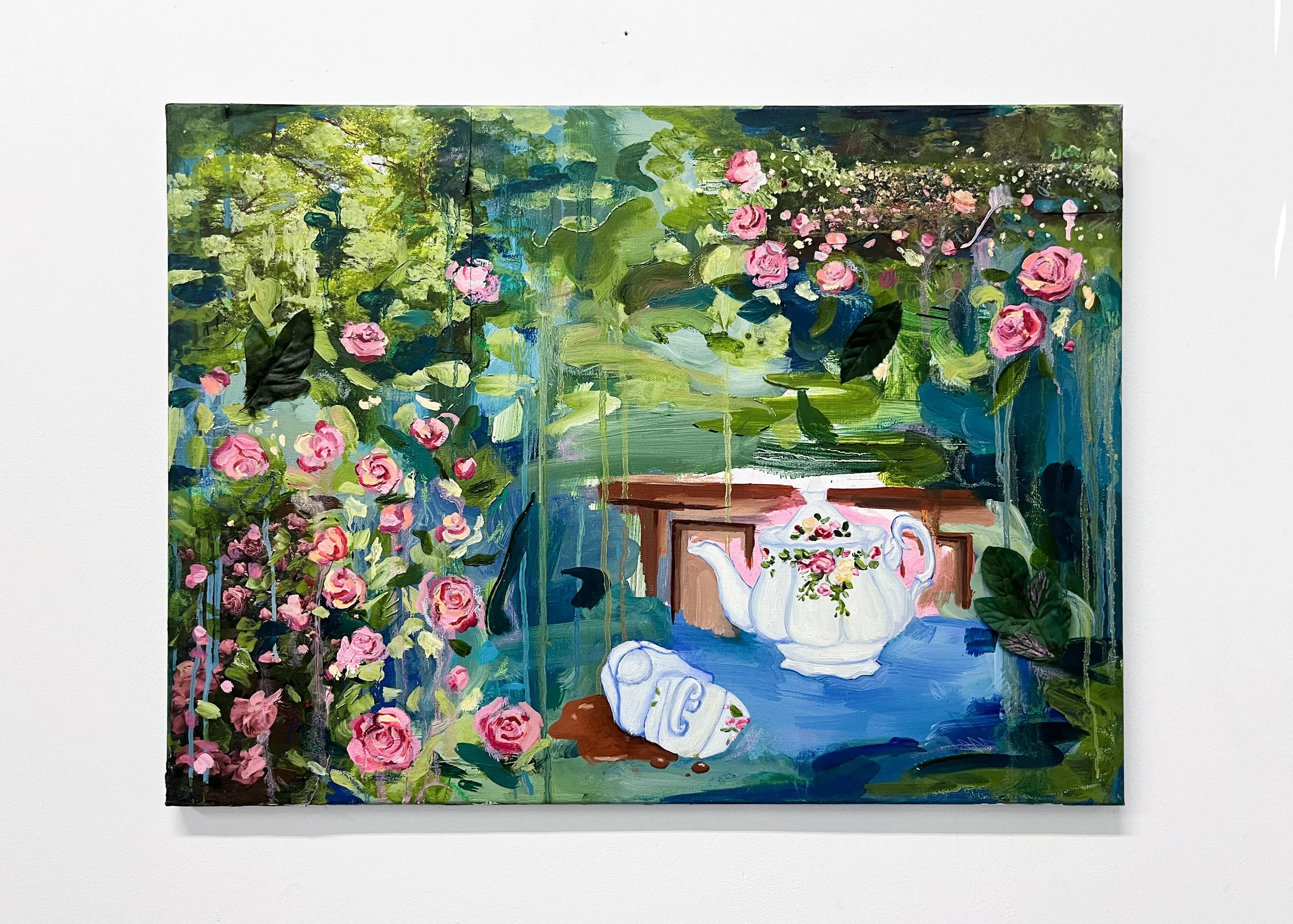 "Old Soul," oil, collage, pastel, and embroidery on canvas, 18 x 24 in.