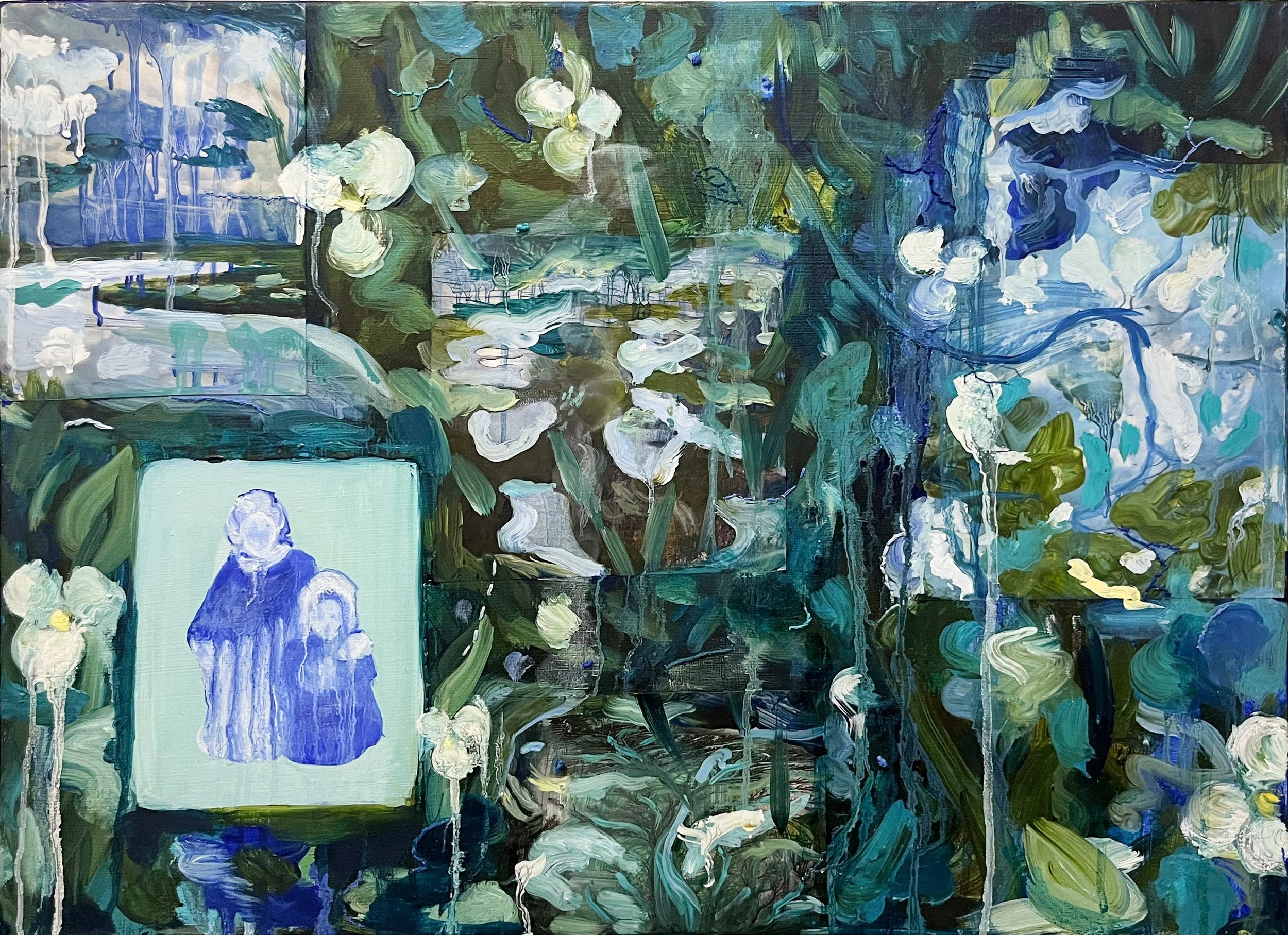 "Grief II," 2022, oil, collage, embroidery, and pastel on canvas, 18 x 24 in.