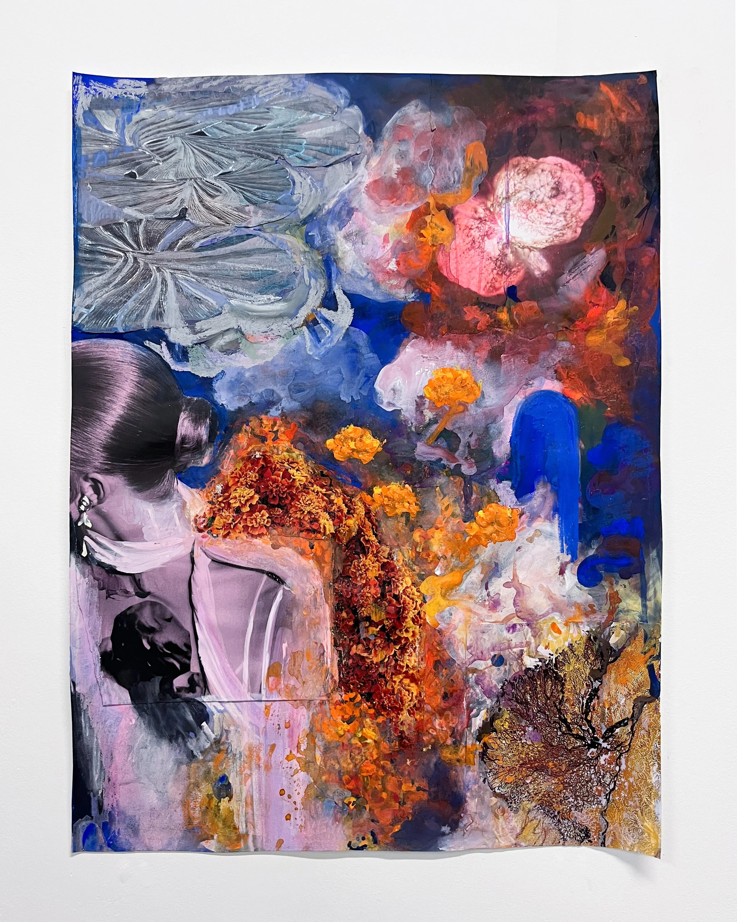 "Marigolds and an Irish Goodbye," 2024, collage, gouache, and pastel on paper, 22.5 x 17 in.