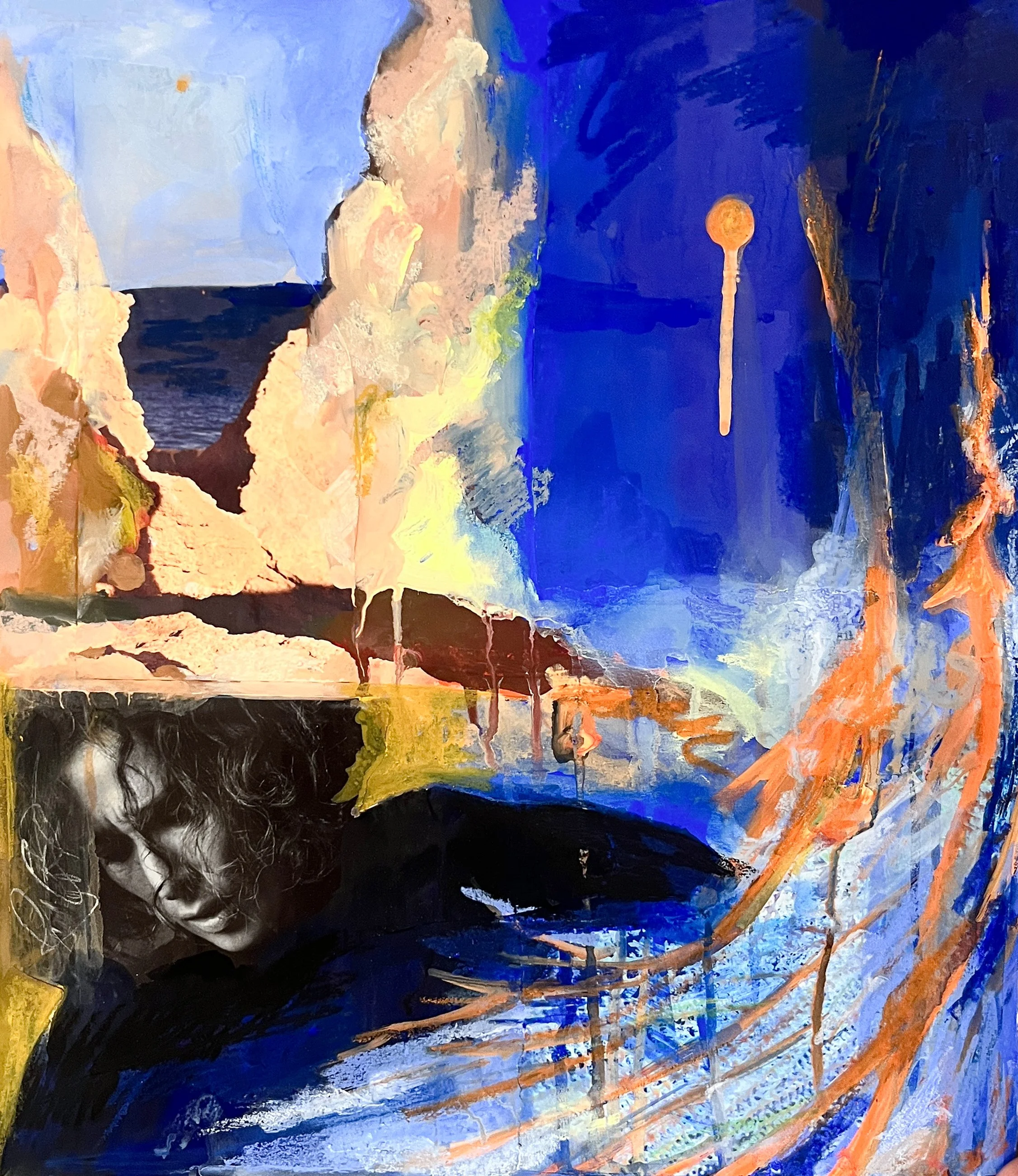 "Learning to Devour," 2025, collage, gouache, and pastel on paper, 24 x 18 in.