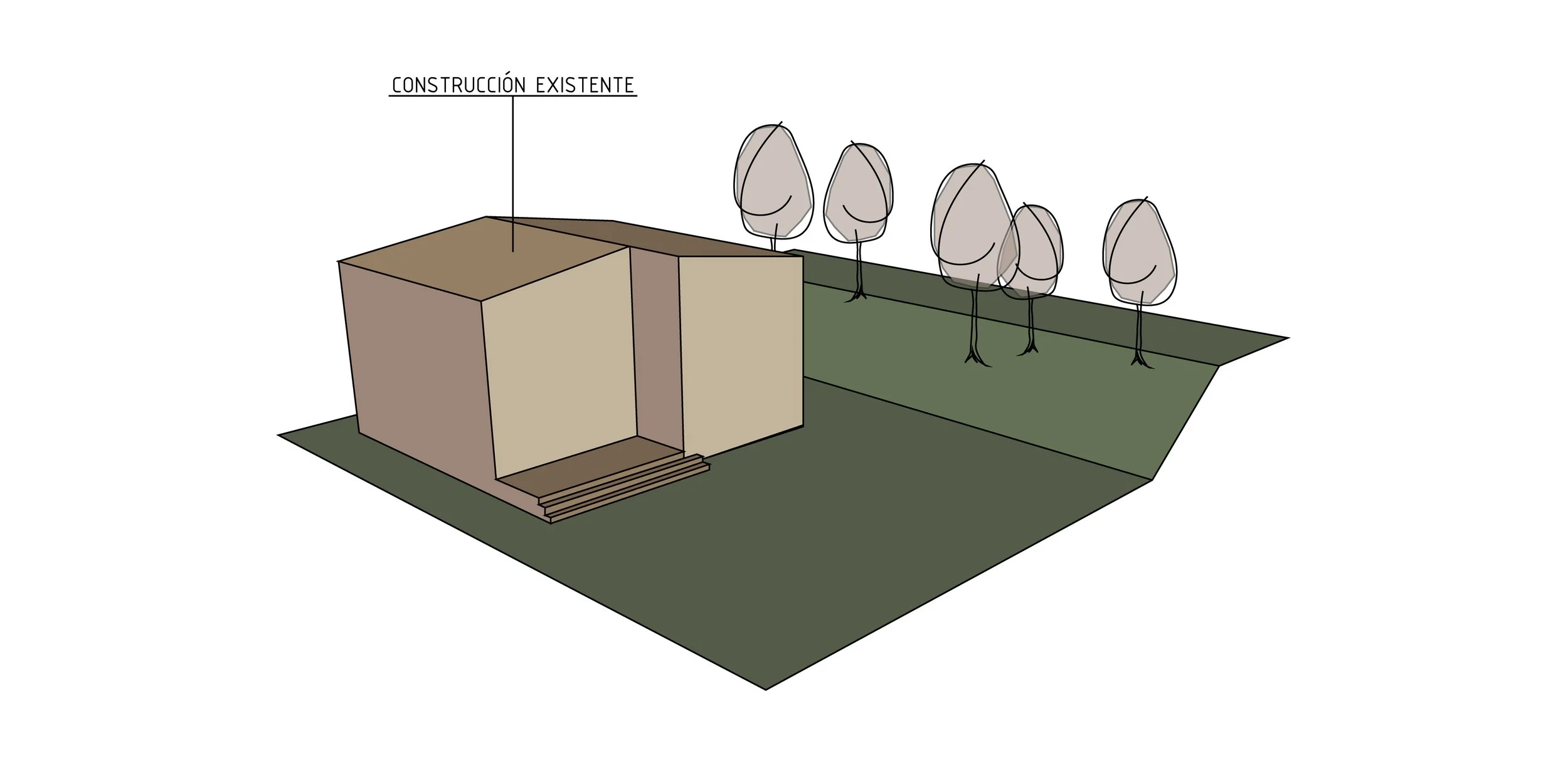 Ilustración de una casa en construcción con un área de árboles y un espacio para jardín.