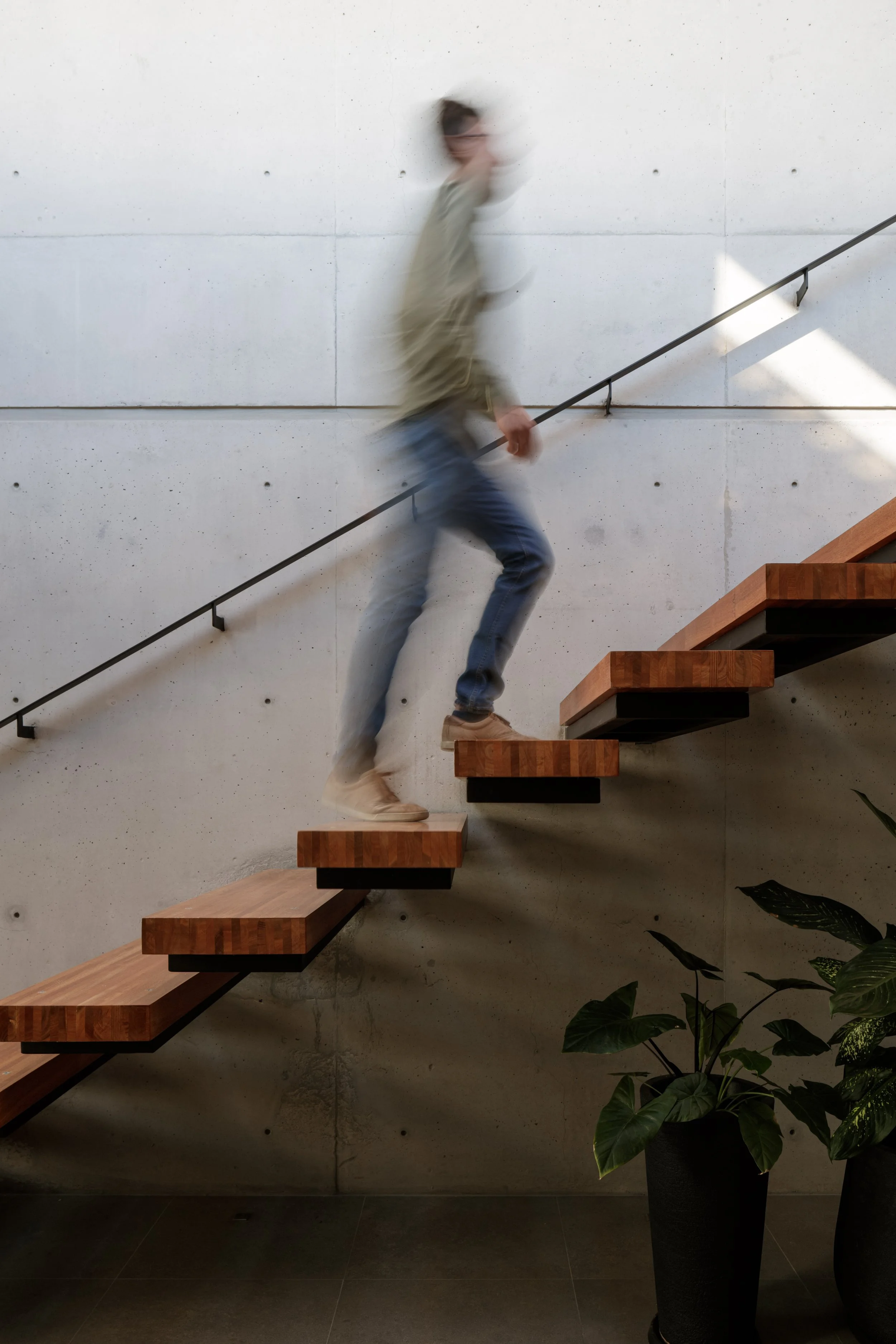 persona caminando por una escalera moderna de madera y metal en un interior con muro de concreto y plantas verdes.