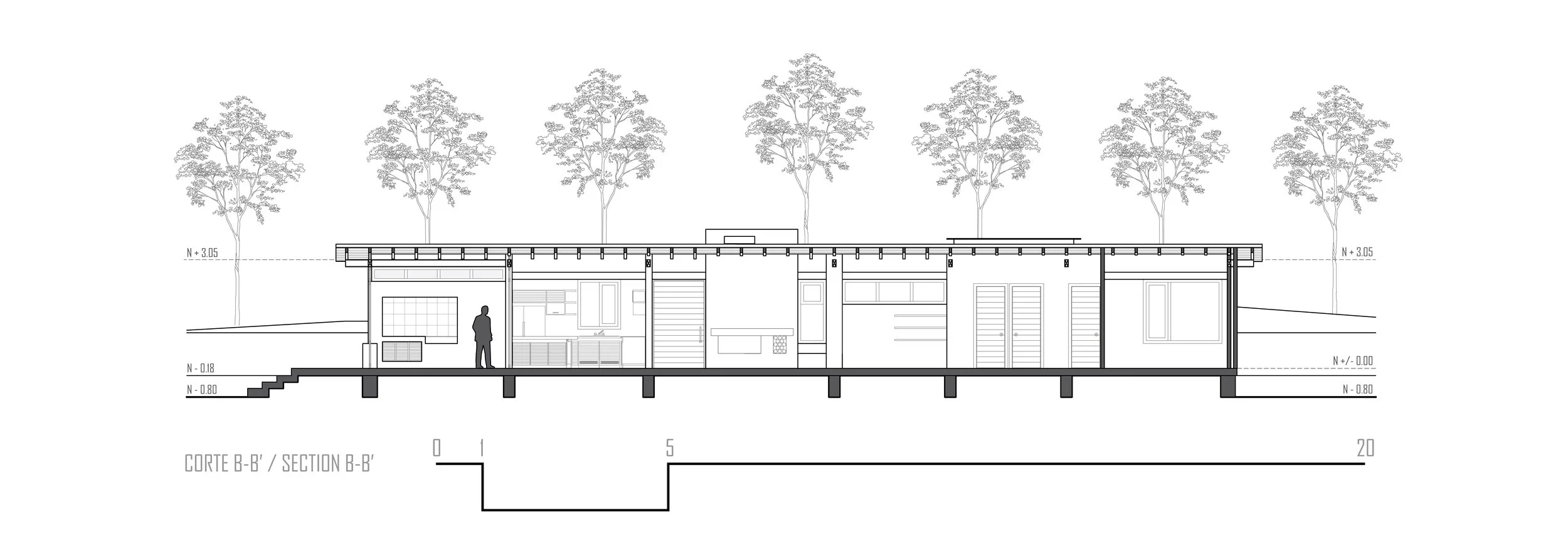 Plano arquitectónico de una casa con árboles en el fondo y un personaje en su interior.