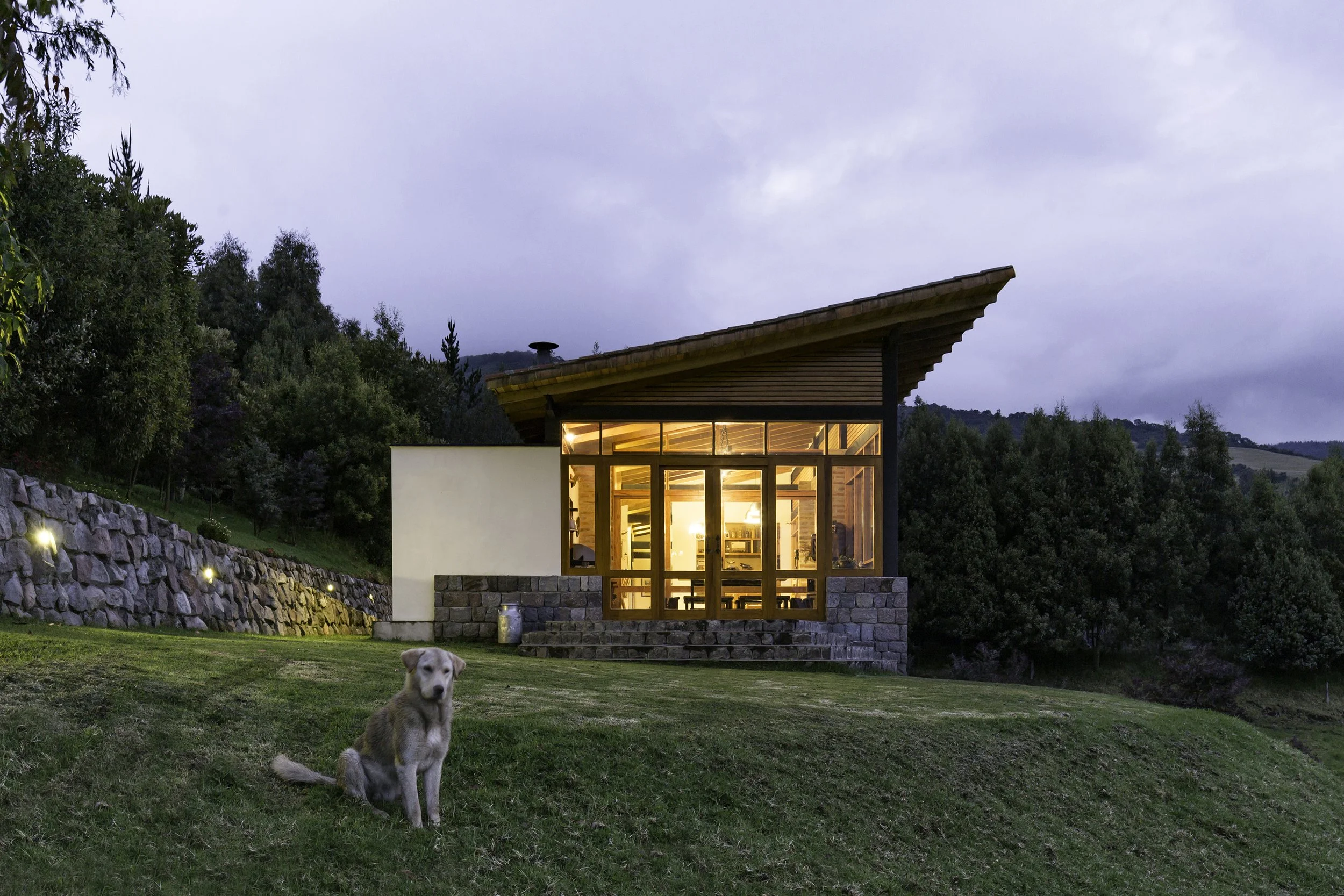 Casa moderna con grandes ventanas y techo inclinado, iluminada desde adentro, situada en un entorno natural con árboles y colina al fondo, con perro de raza pastor alemán en primer plano en césped.