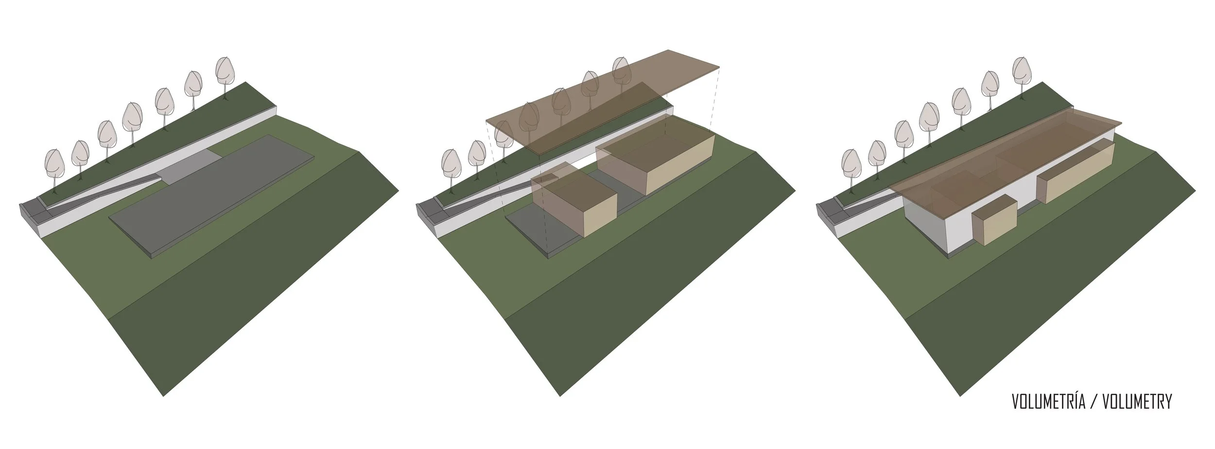 Representación de un proceso de volumetría en arquitectura con tres etapas: nivel inicial sin bloques, nivel intermedio con bloques y nivel final con estructuras completas. Árboles alineados en el borde superior del terreno.