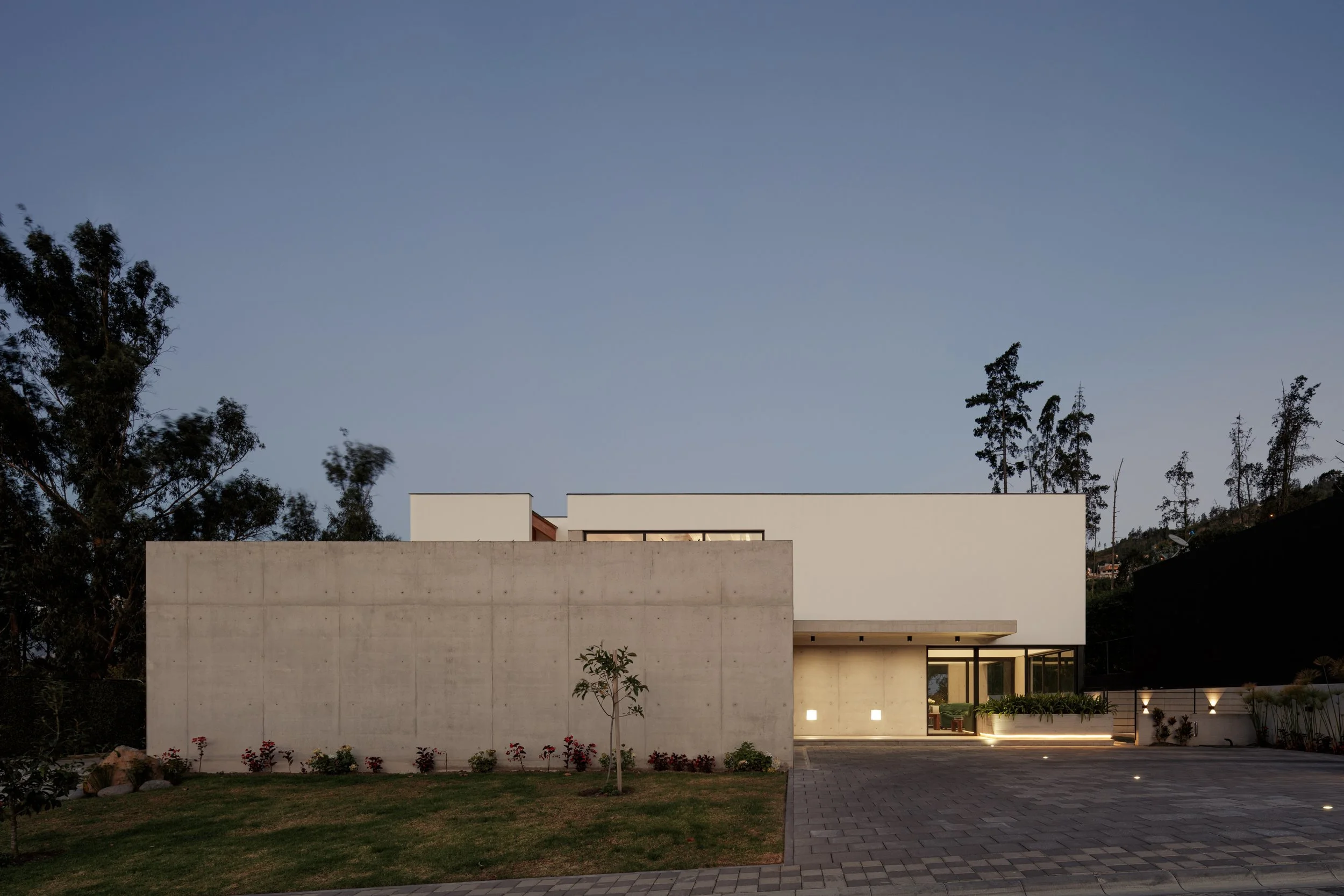 Casa moderna con paredes de concreto, ventanas grandes, puerta iluminada y un jardín con césped y pequeñas plantas, con árboles altos al fondo y cielo despejado en la noche.