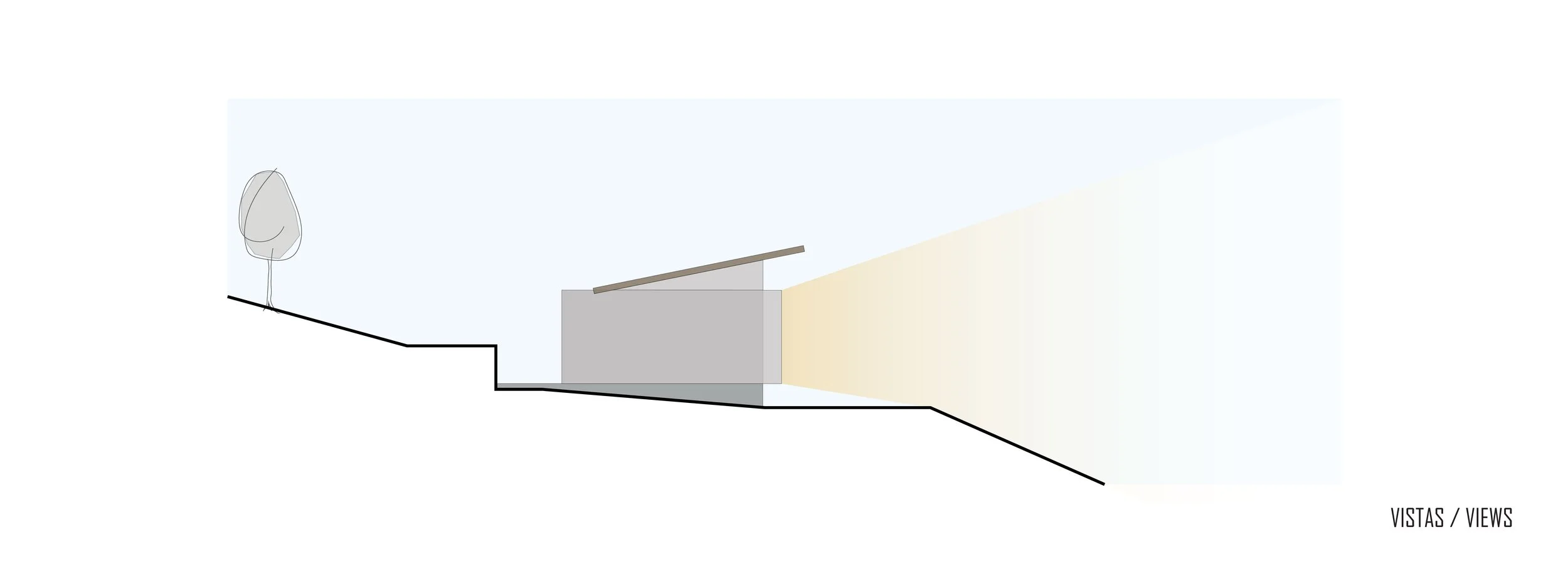 Diseño arquitectónico de una estructura con luz proyectada desde la izquierda, con un fondo de cielo y un árbol en la esquina izquierda.