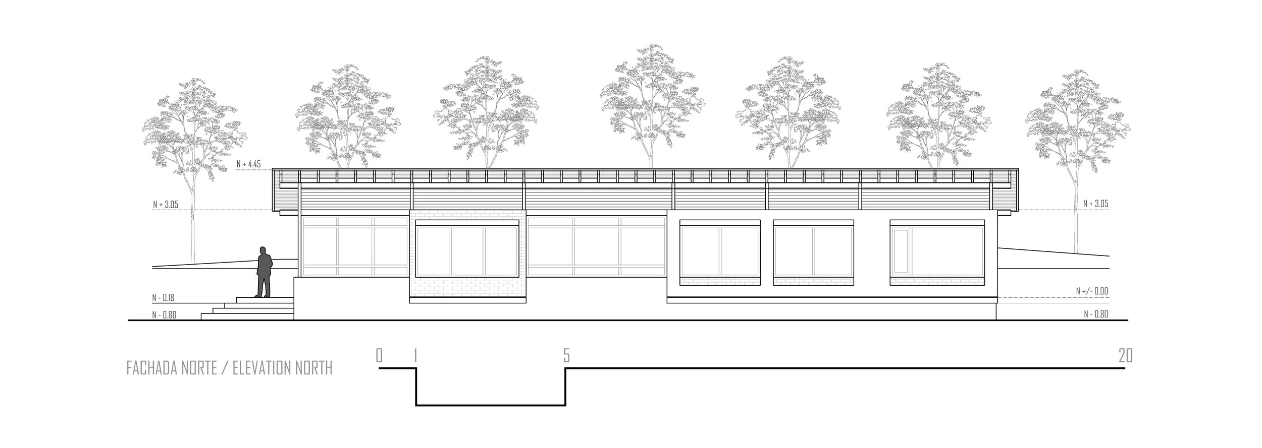 Dibujo técnico de la fachada norte de un edificio residencial, con árboles en el fondo y una persona en las escaleras delanteras.